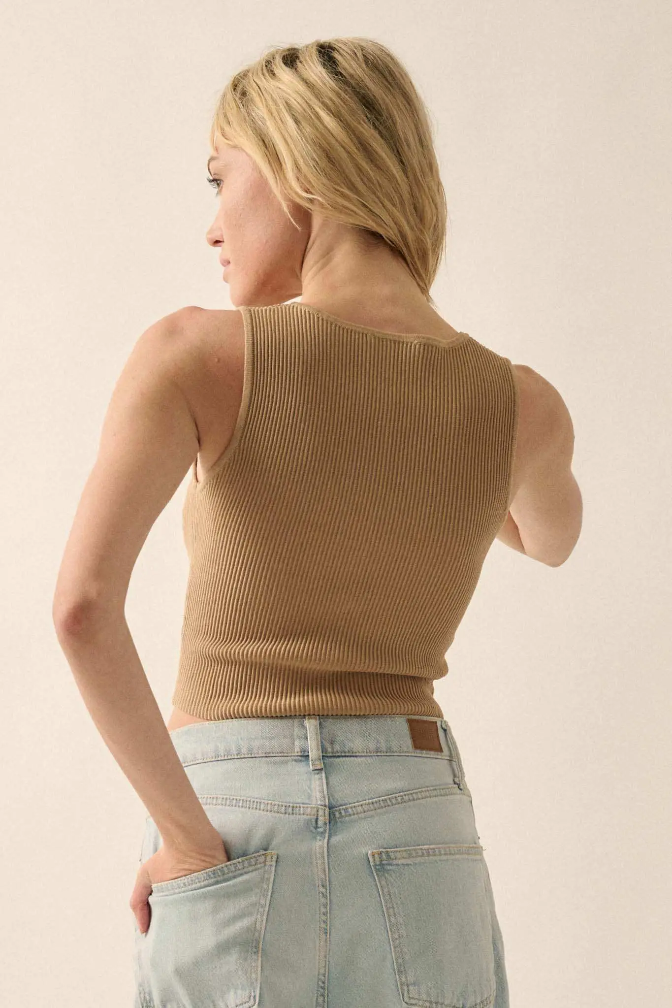 Shaper Fit Cropped Rib-Knit Sleeveless Henley Top - Image 2