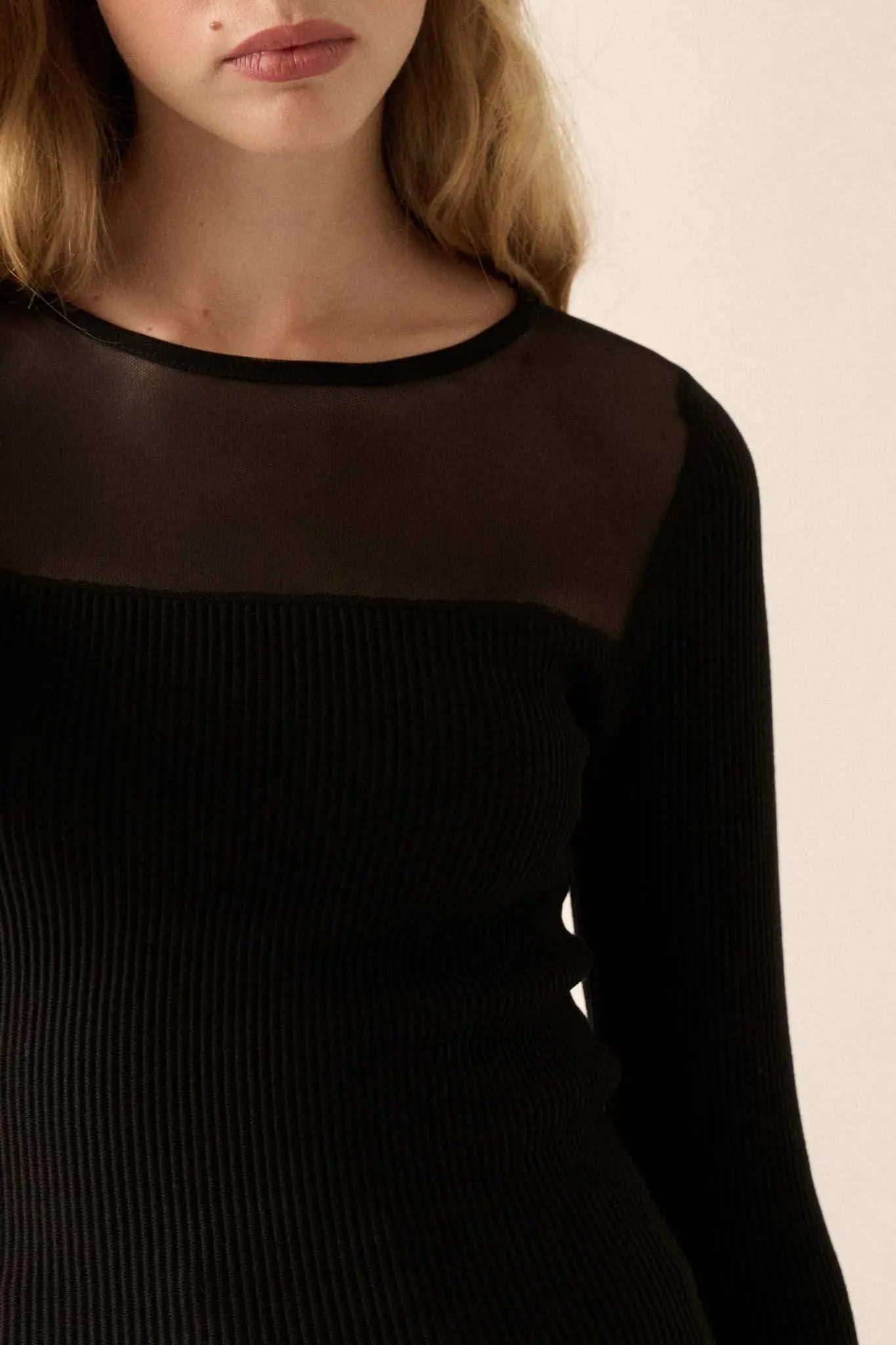 Shaper Fit Mesh Yoke Ribbed Knit Top - Image 2