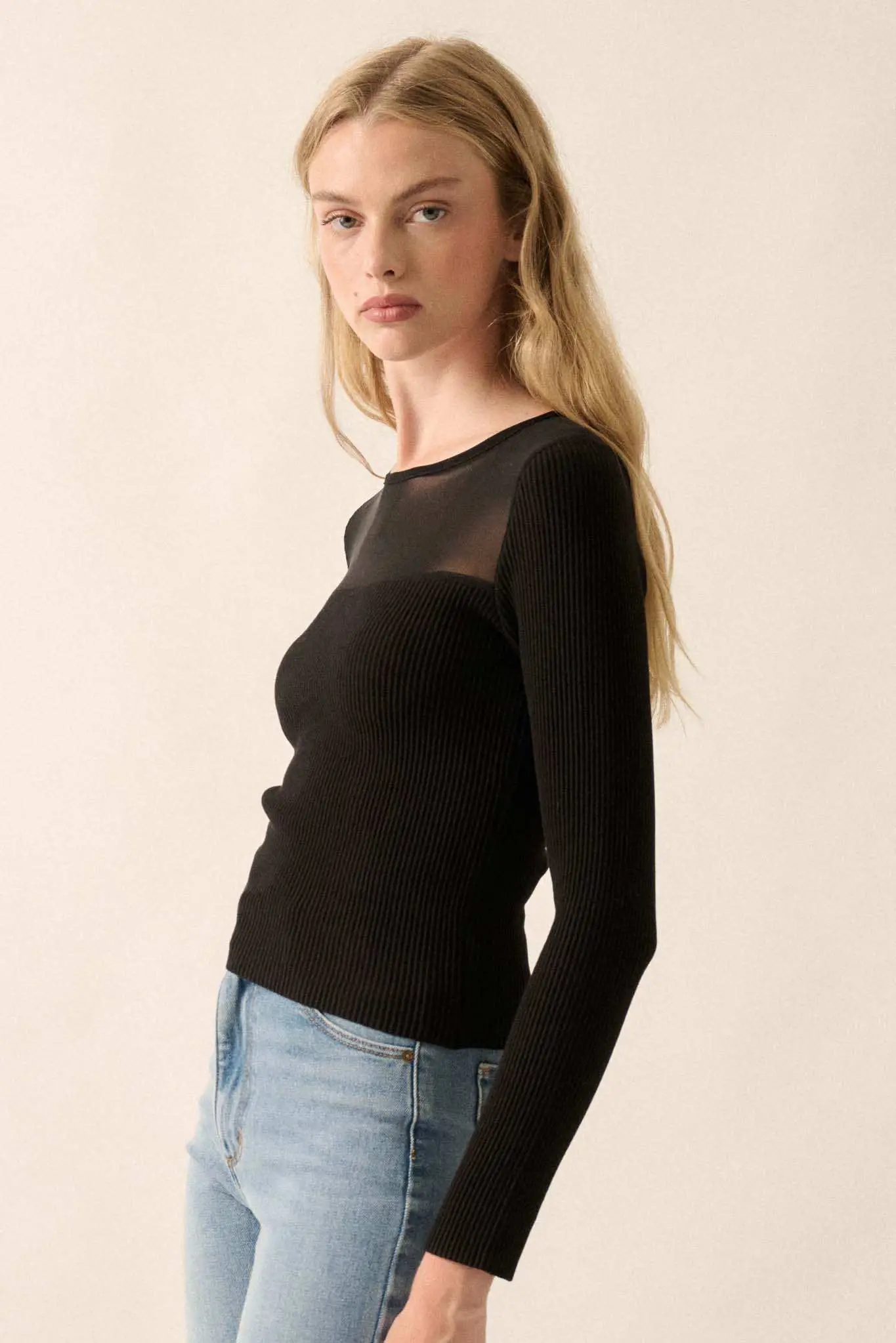 Shaper Fit Mesh Yoke Ribbed Knit Top - Image 5