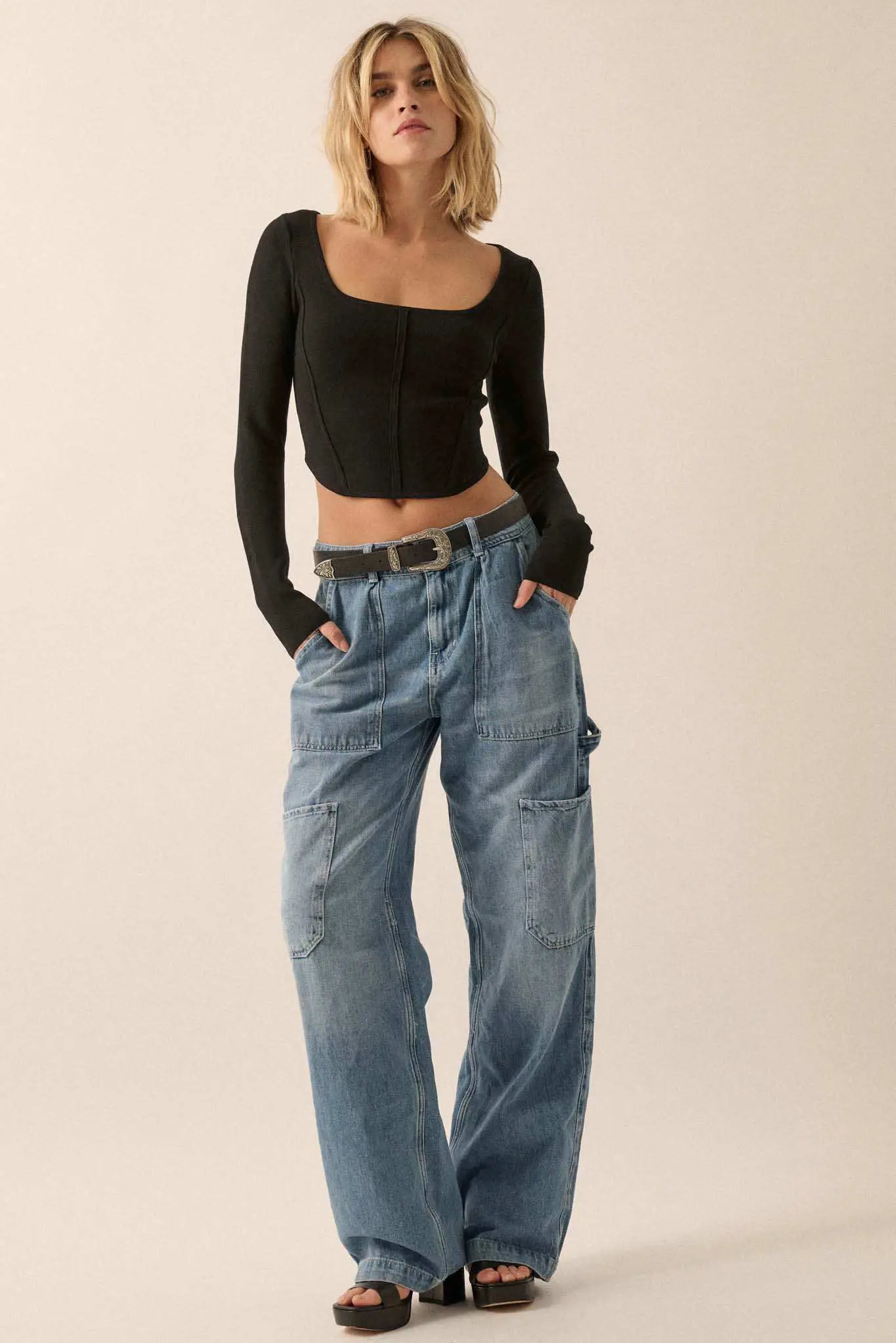 Shaper Fit Rib-Knit Cropped Long-Sleeve Corset Top - Image 5