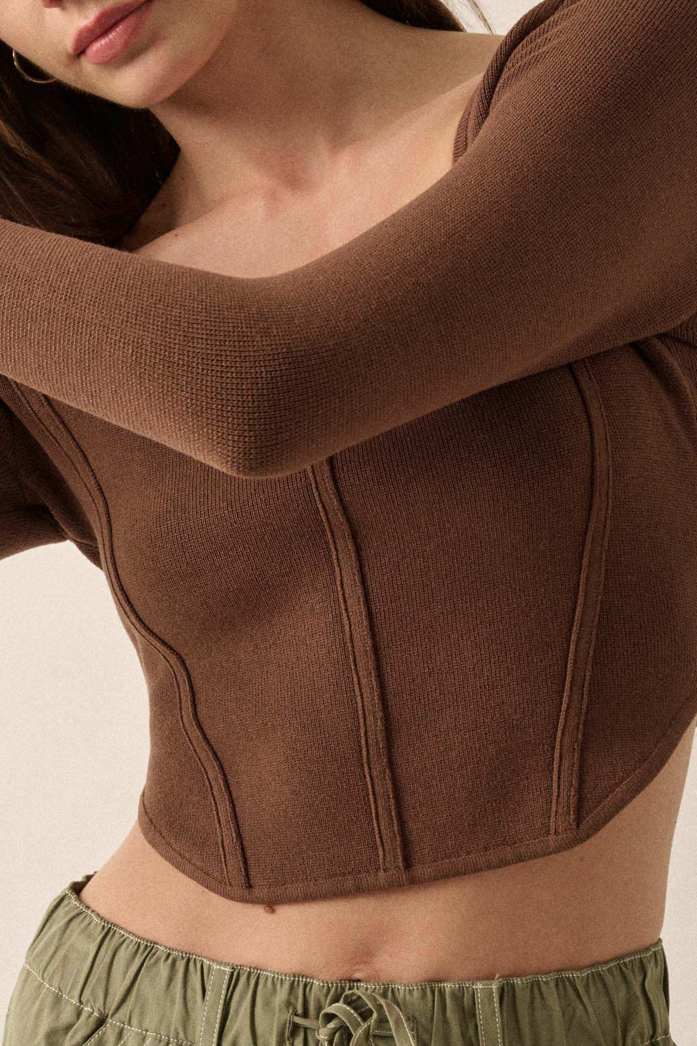 Shaper Fit Rib-Knit Cropped Long-Sleeve Corset Top - Image 8