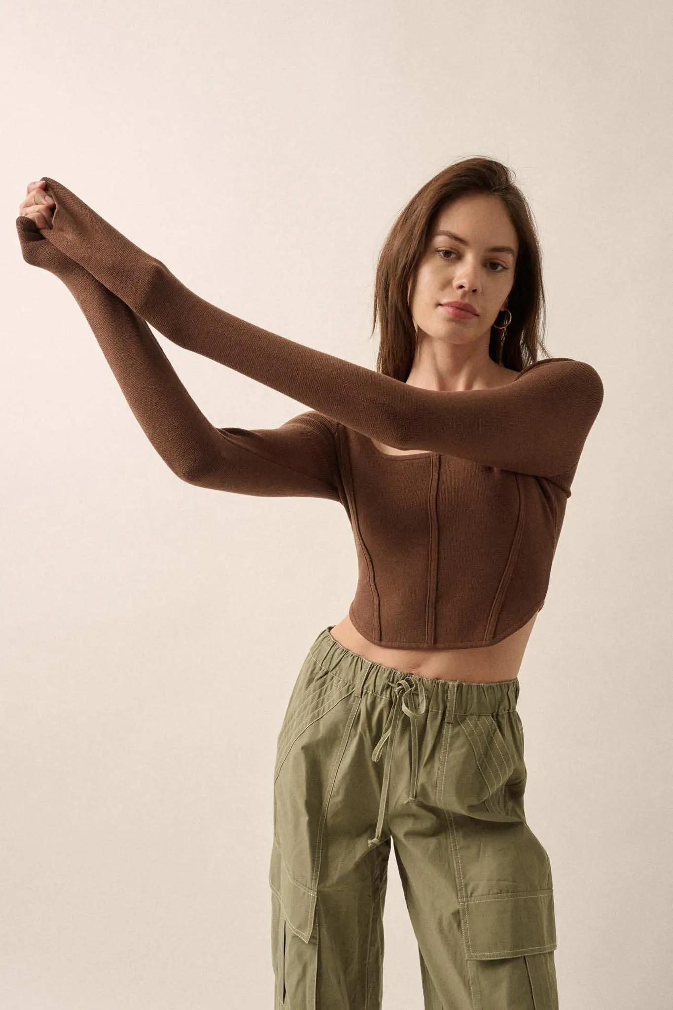Shaper Fit Rib-Knit Cropped Long-Sleeve Corset Top - Image 9