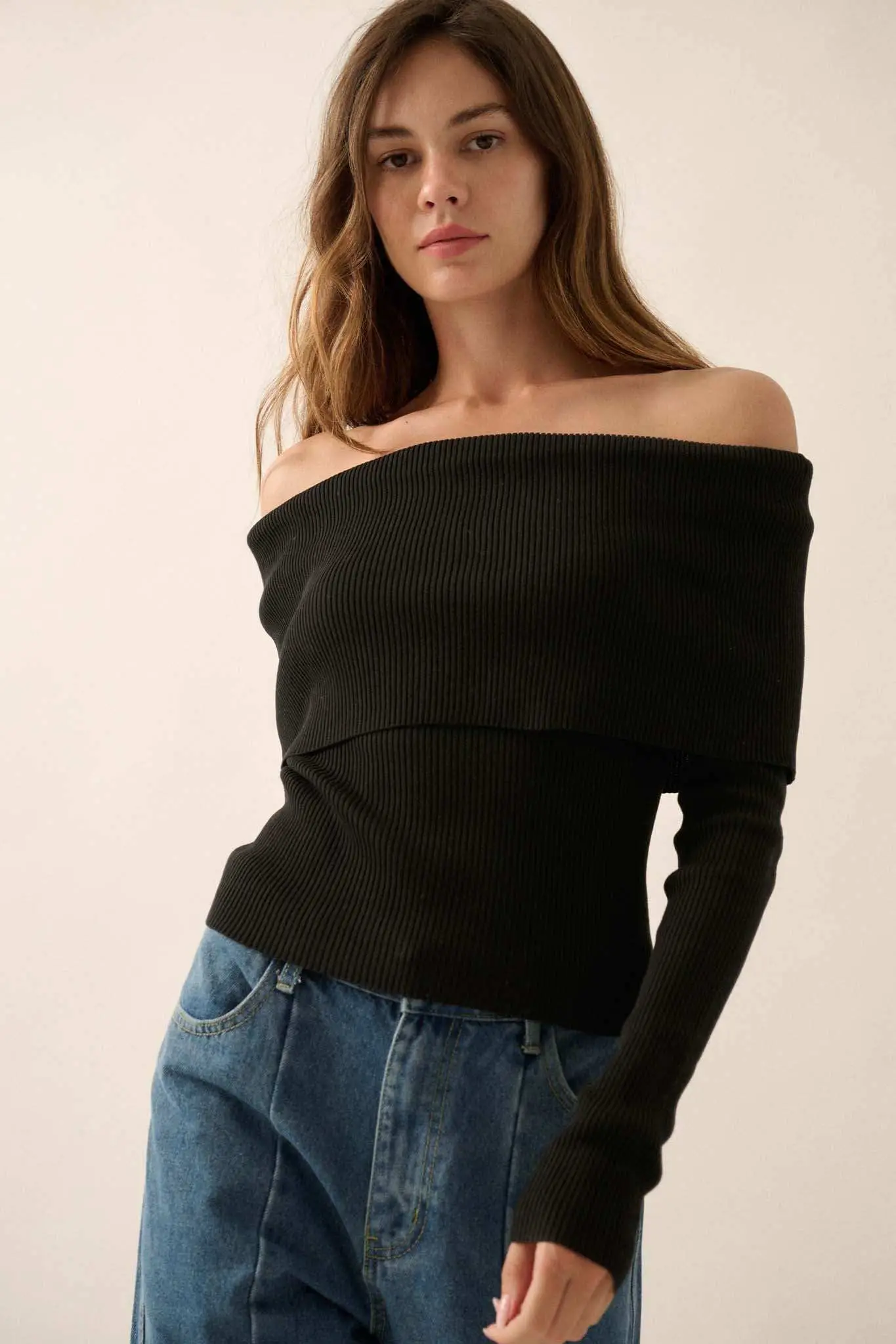 Shaper Fit Rib-Knit Off-Shoulder Foldover Top - Image 3