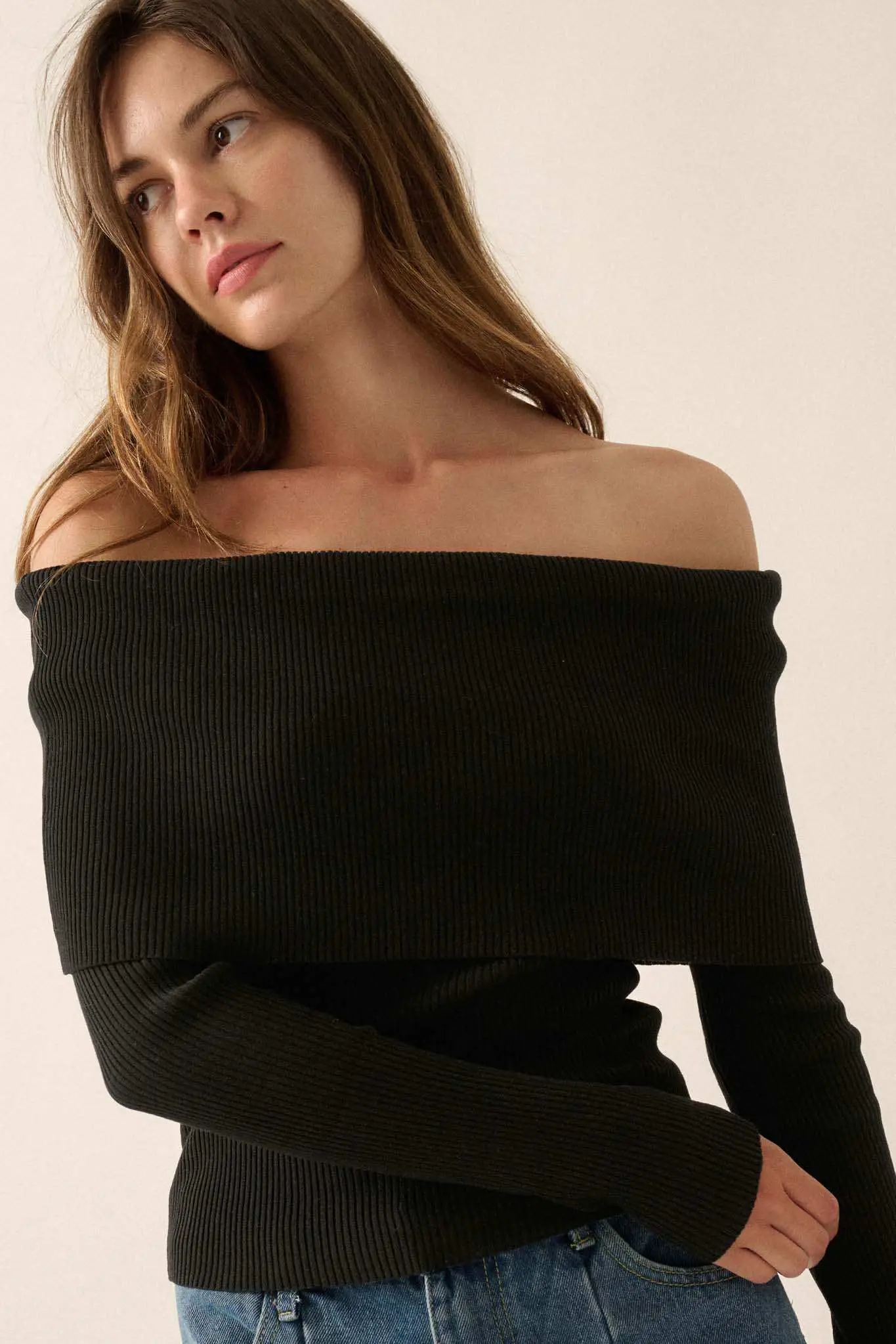Shaper Fit Rib-Knit Off-Shoulder Foldover Top - Image 5