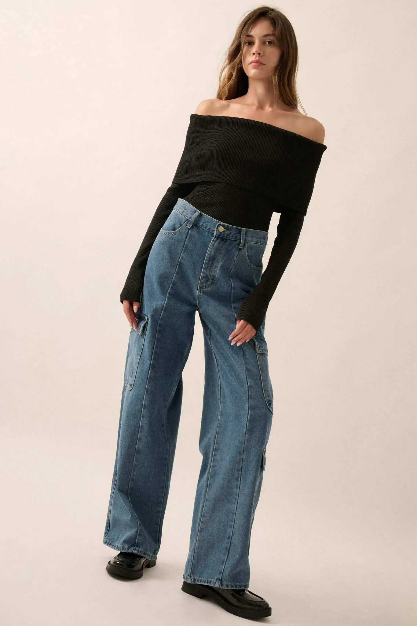 Shaper Fit Rib-Knit Off-Shoulder Foldover Top - Image 6