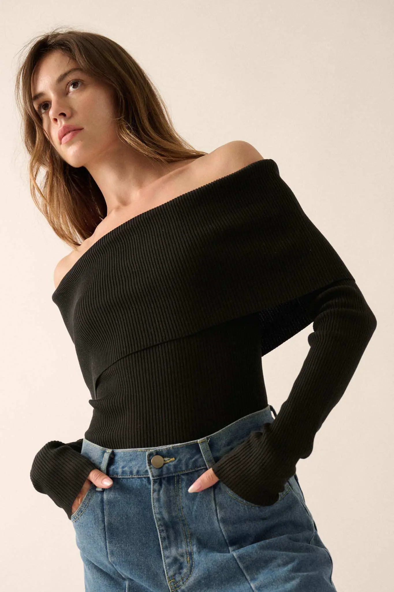 Shaper Fit Rib-Knit Off-Shoulder Foldover Top - Image 7