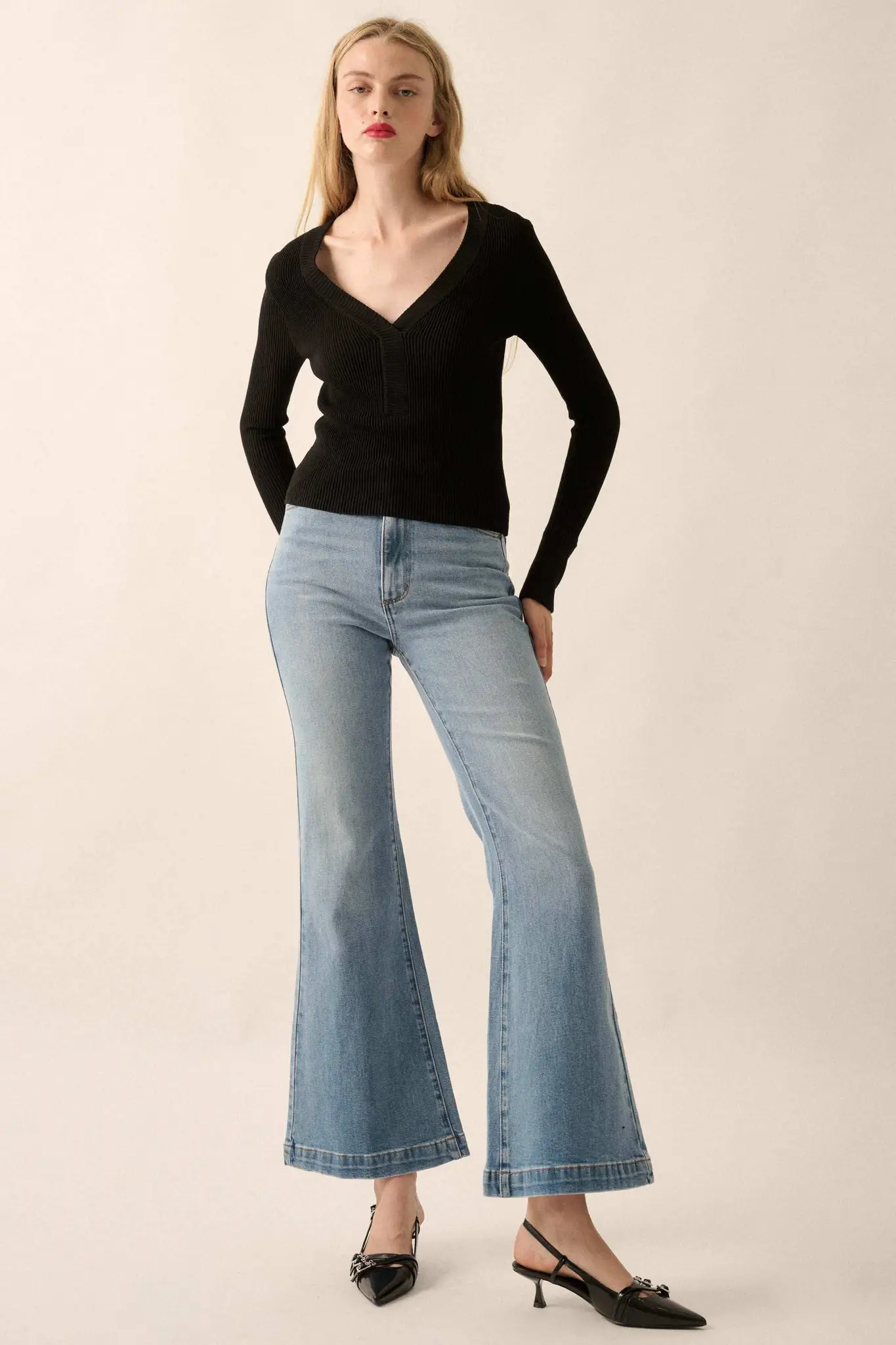 Shaper Fit Rib-Knit Split-Neck Long-Sleeve Top - Image 3