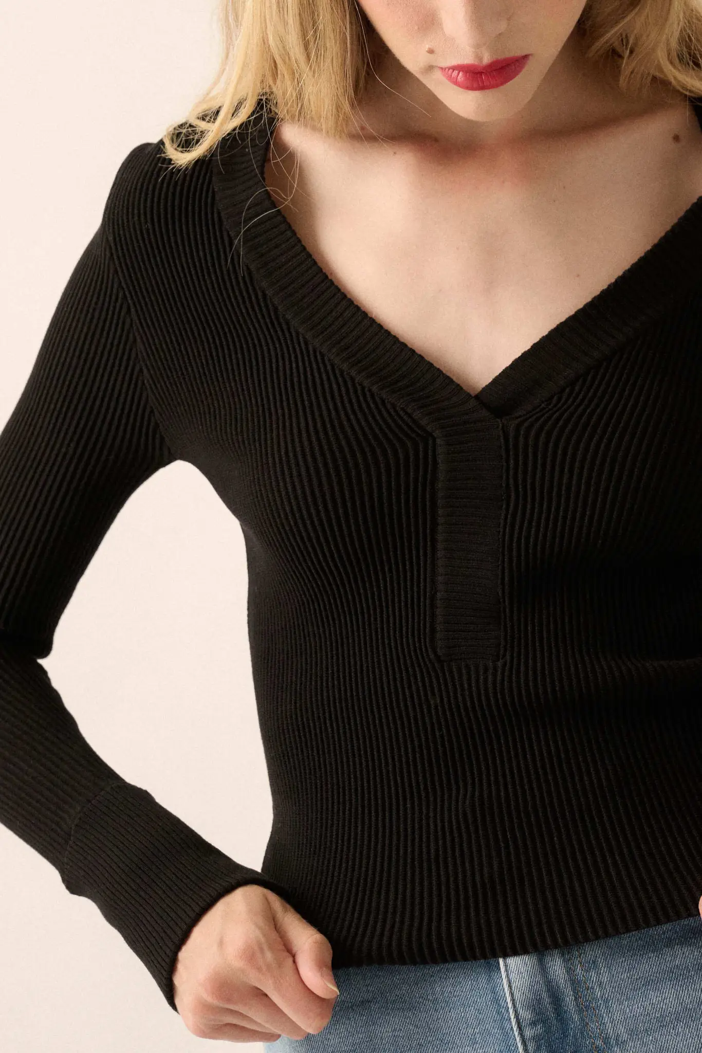 Shaper Fit Rib-Knit Split-Neck Long-Sleeve Top - Image 4