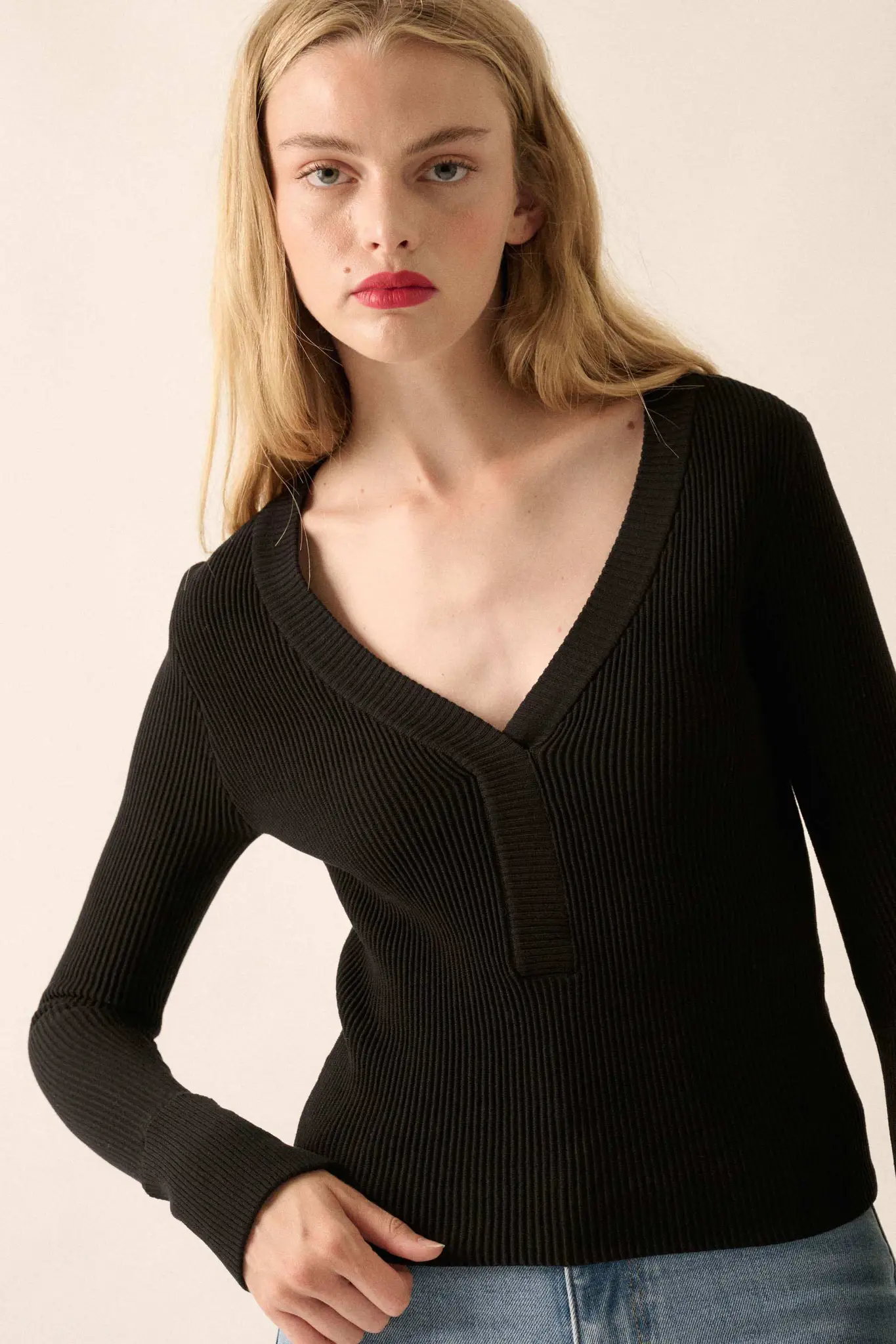 Shaper Fit Rib-Knit Split-Neck Long-Sleeve Top - Image 5