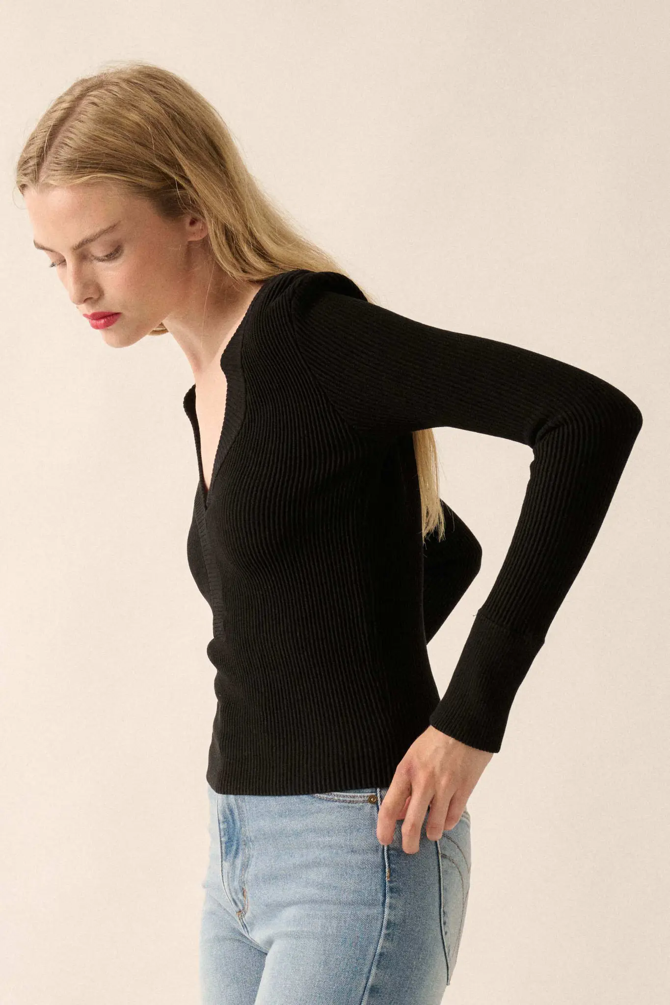 Shaper Fit Rib-Knit Split-Neck Long-Sleeve Top - Image 6