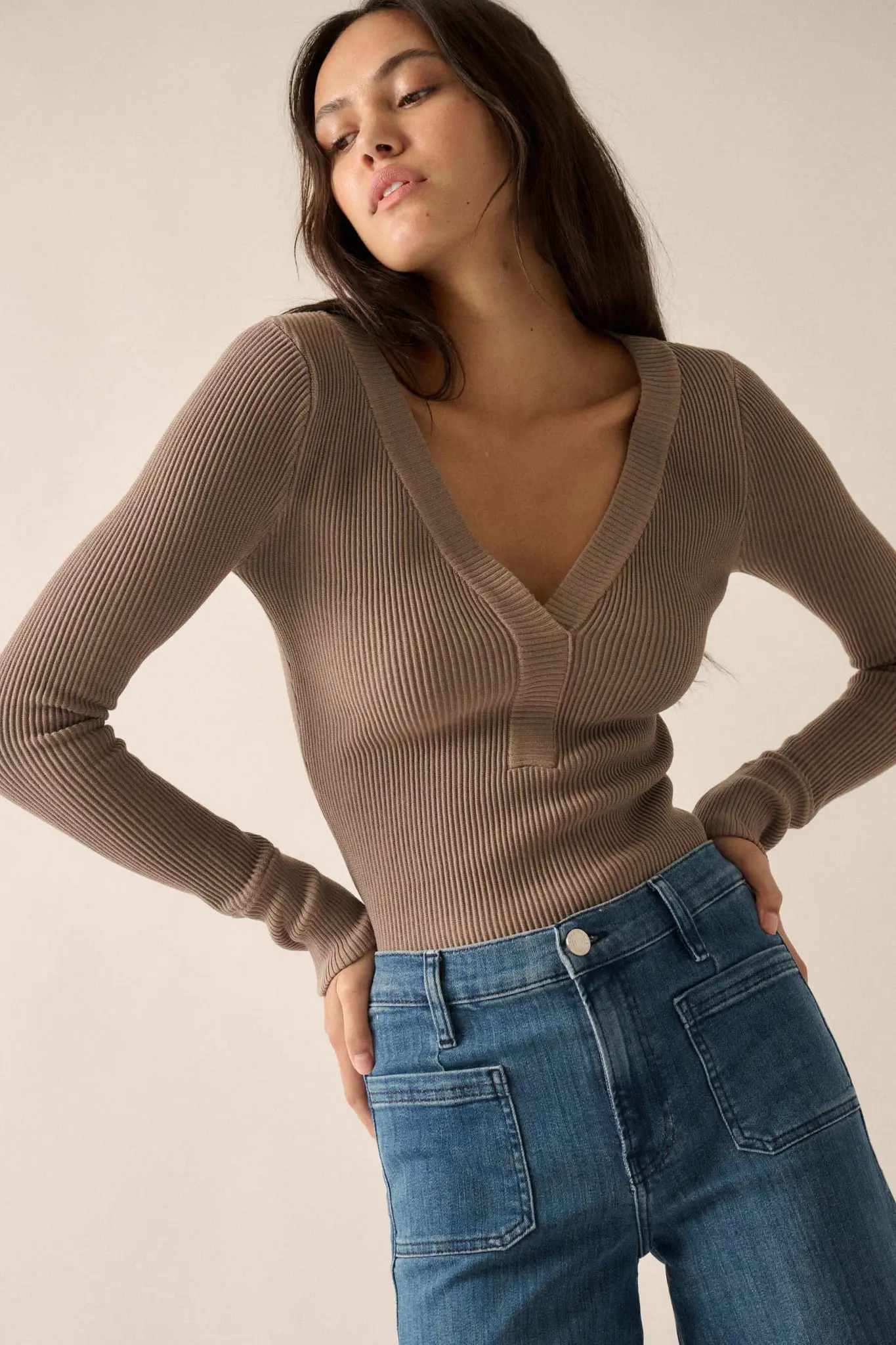 Shaper Fit Rib-Knit Split-Neck Long-Sleeve Top - Image 7