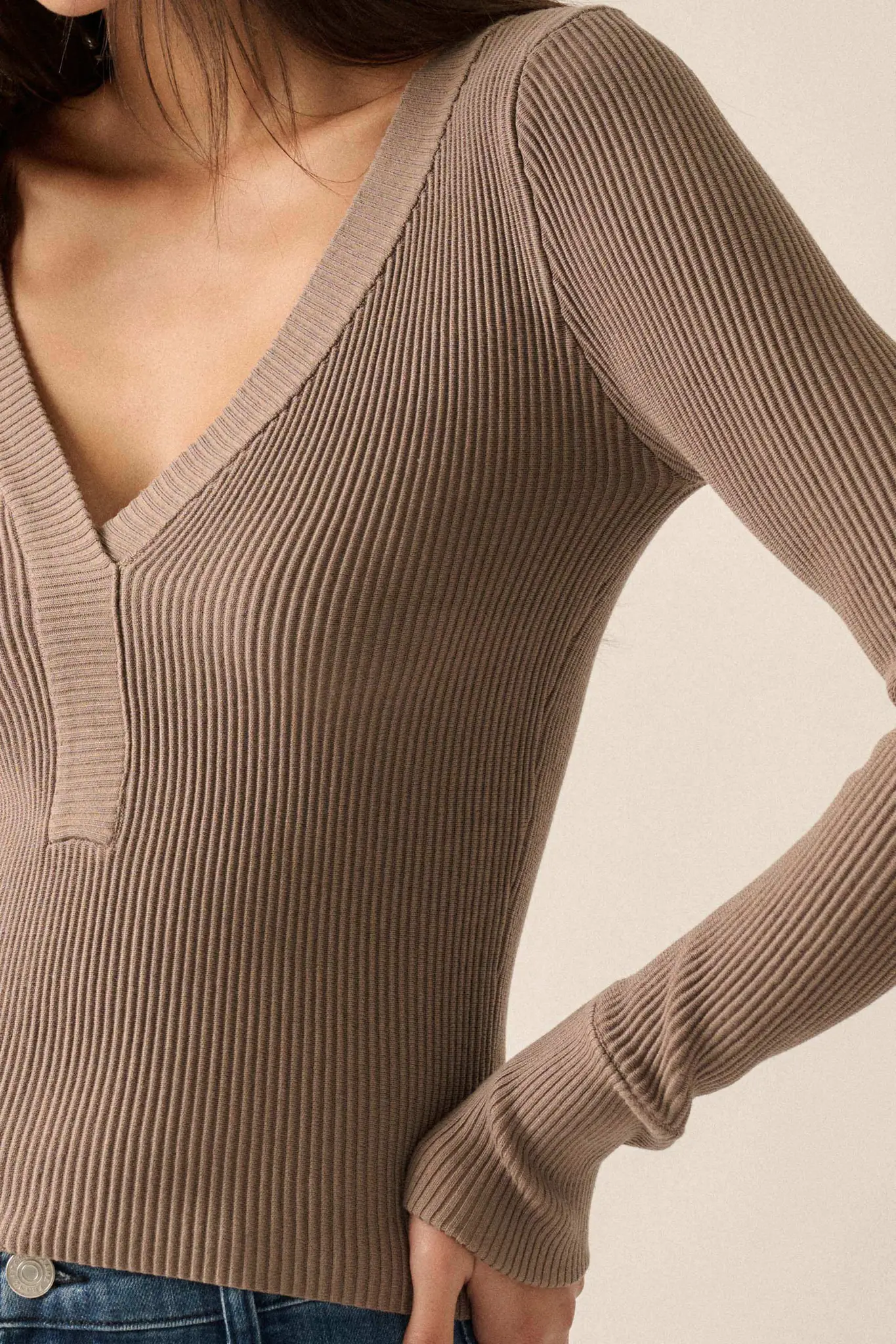 Shaper Fit Rib-Knit Split-Neck Long-Sleeve Top - Image 8