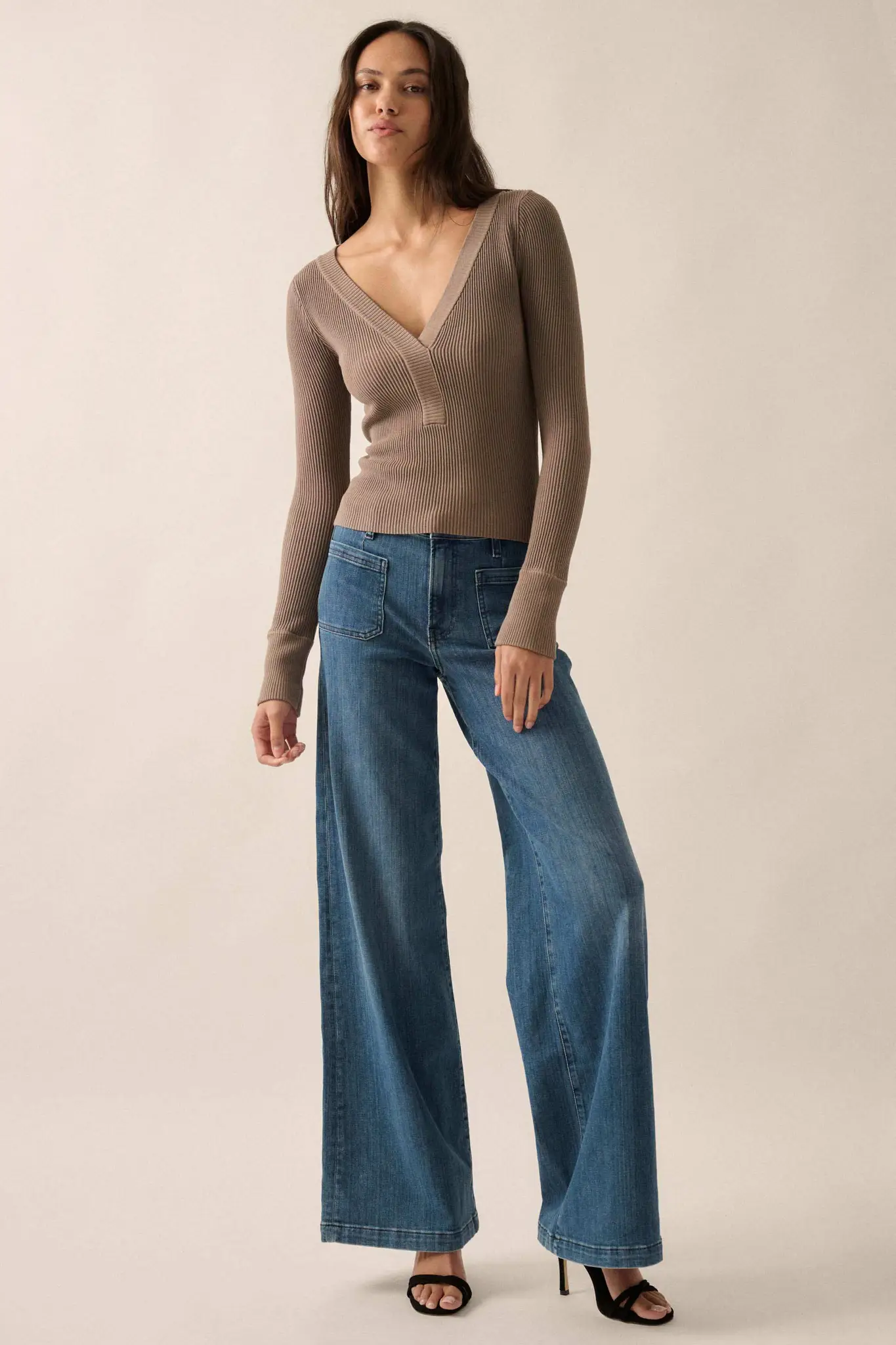 Shaper Fit Rib-Knit Split-Neck Long-Sleeve Top - Image 9