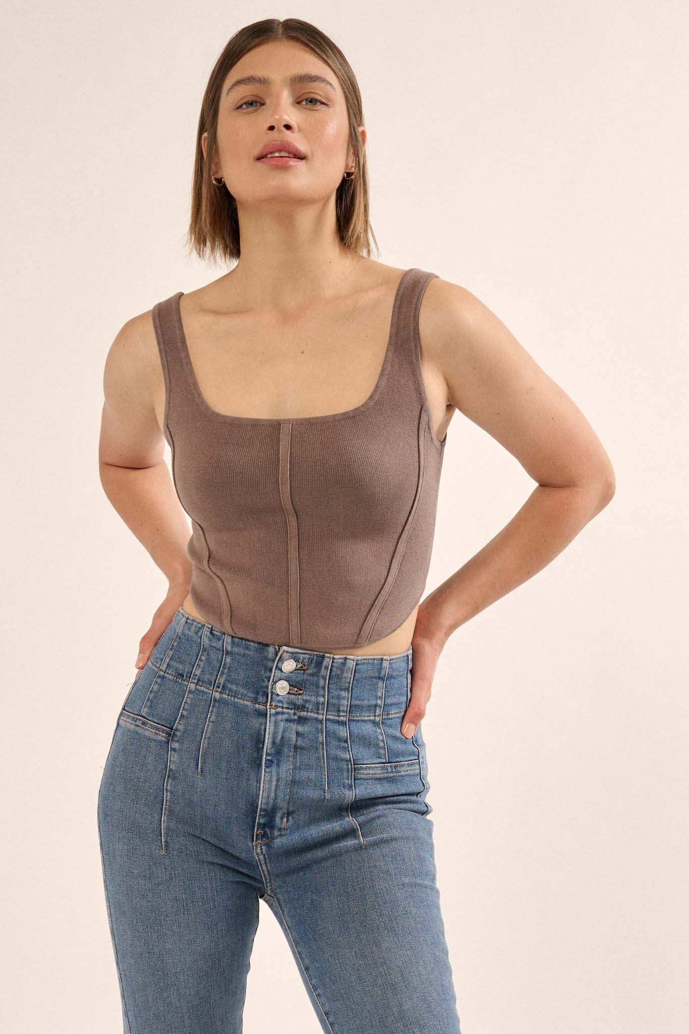 Shaper Fit Square Neck Rib-Knit Corset Tank Top - Image 39