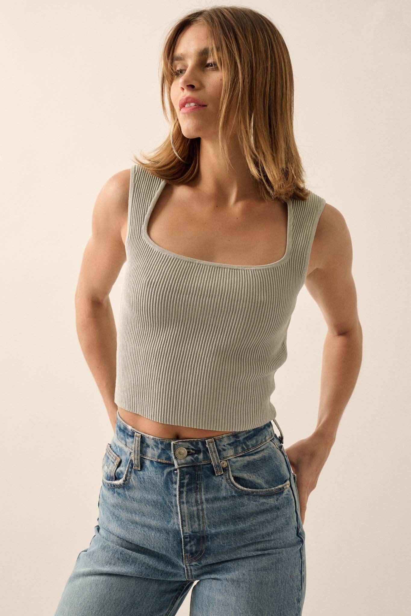 Shaper Fit Square Neck Rib-Knit Tank Top - Image 19