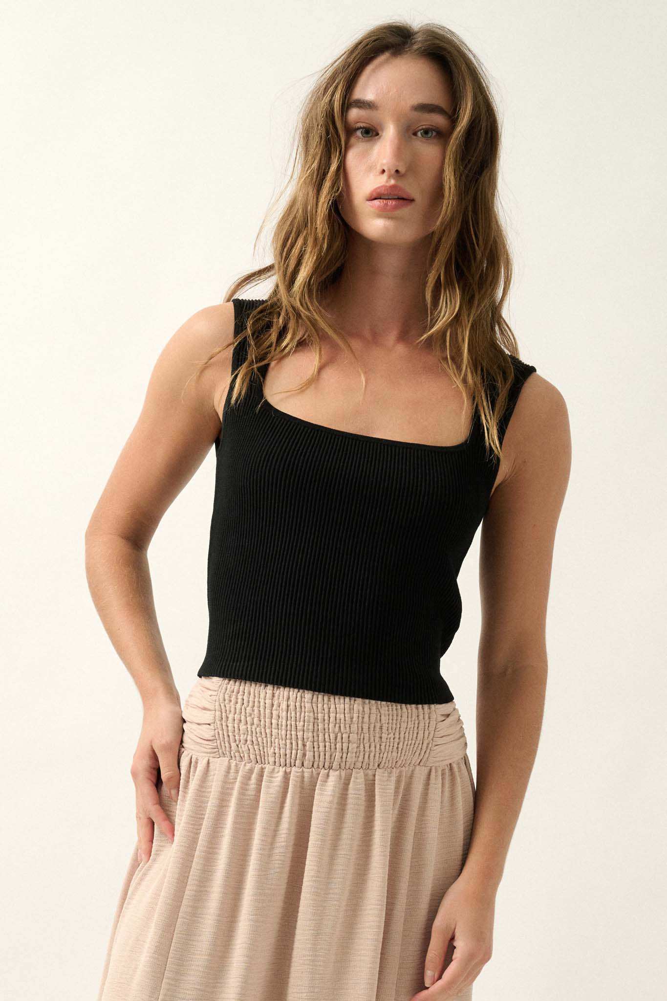 Shaper Fit Square Neck Rib-Knit Tank Top - Image 39