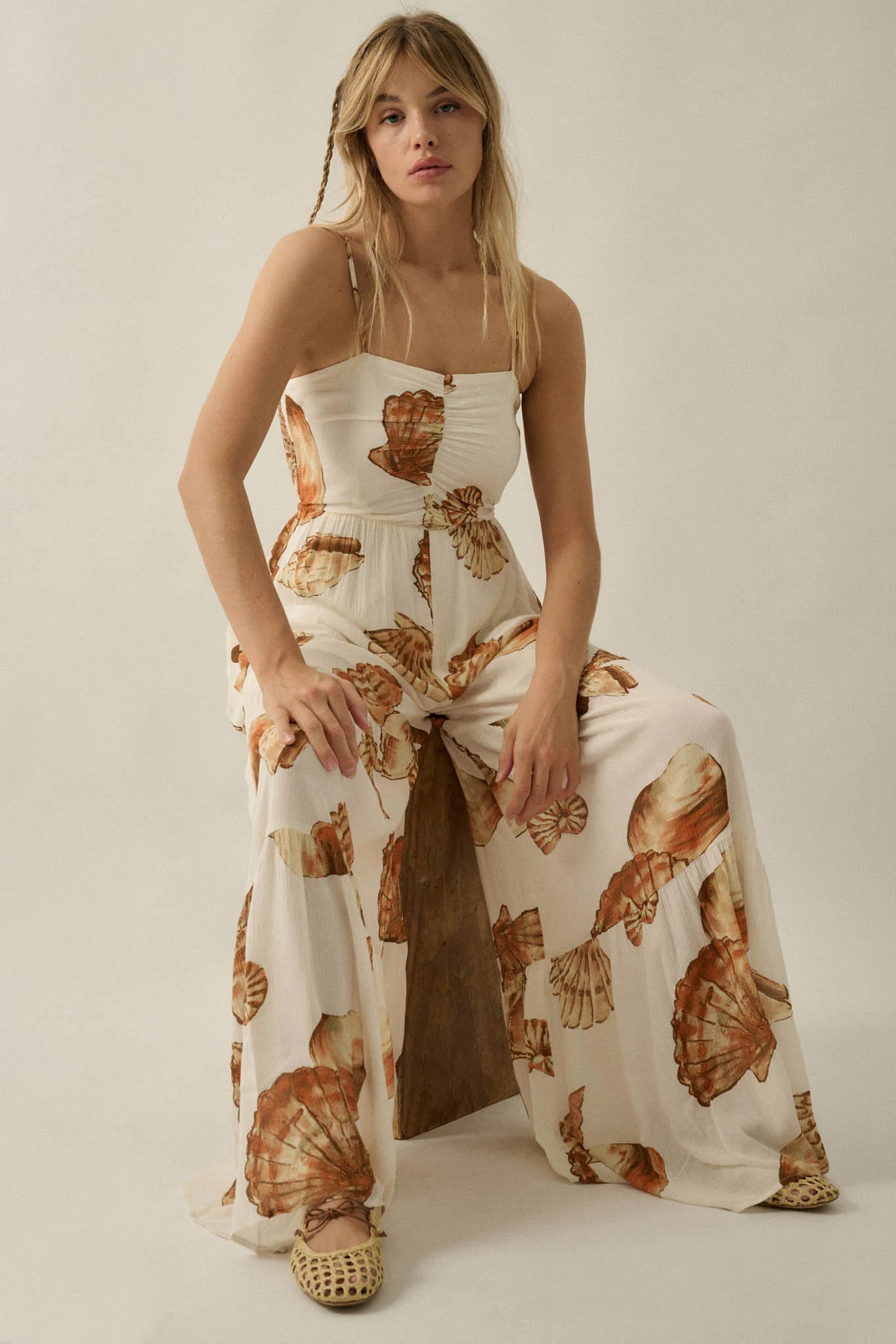 Shell Game Shell-Print Wide-Leg Ruffle Jumpsuit