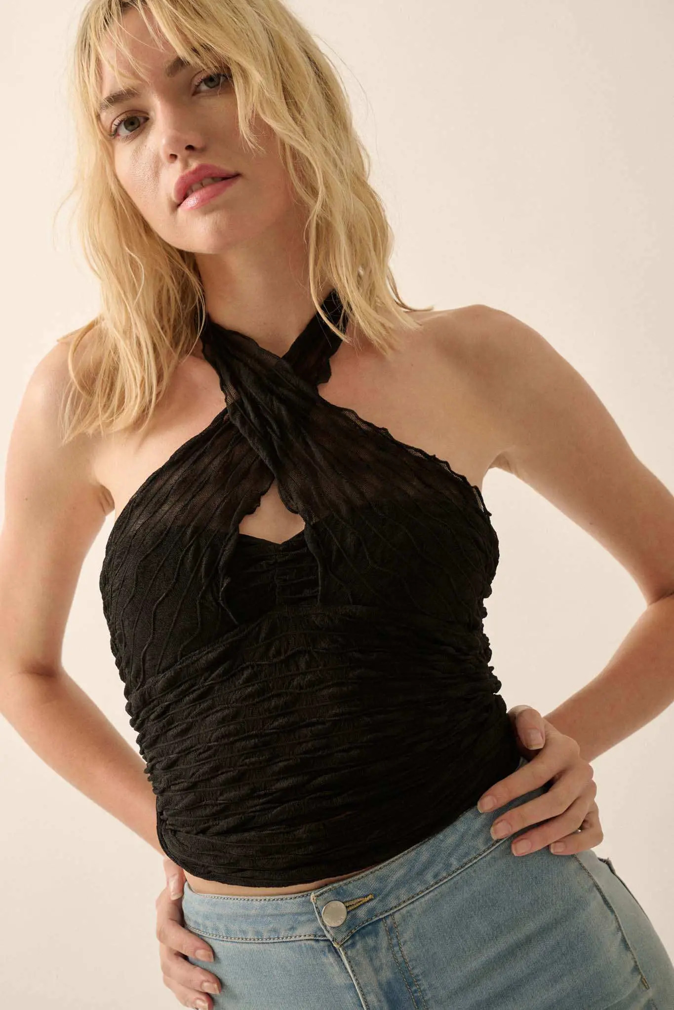 Shock Wave Ruched Mesh Cross-Front Wrap Halter Top - Image 12