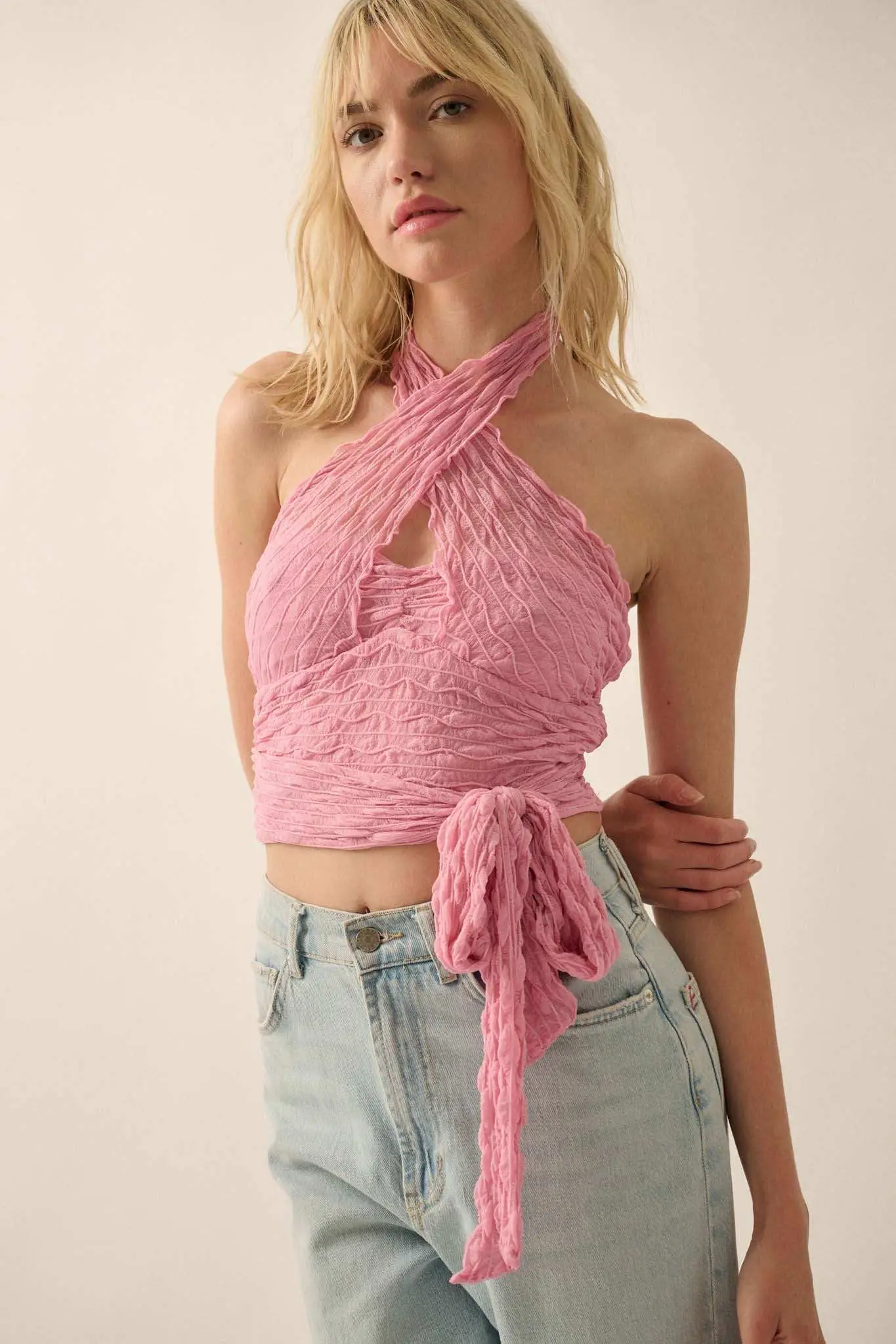 Shock Wave Ruched Mesh Cross-Front Wrap Halter Top - Image 3