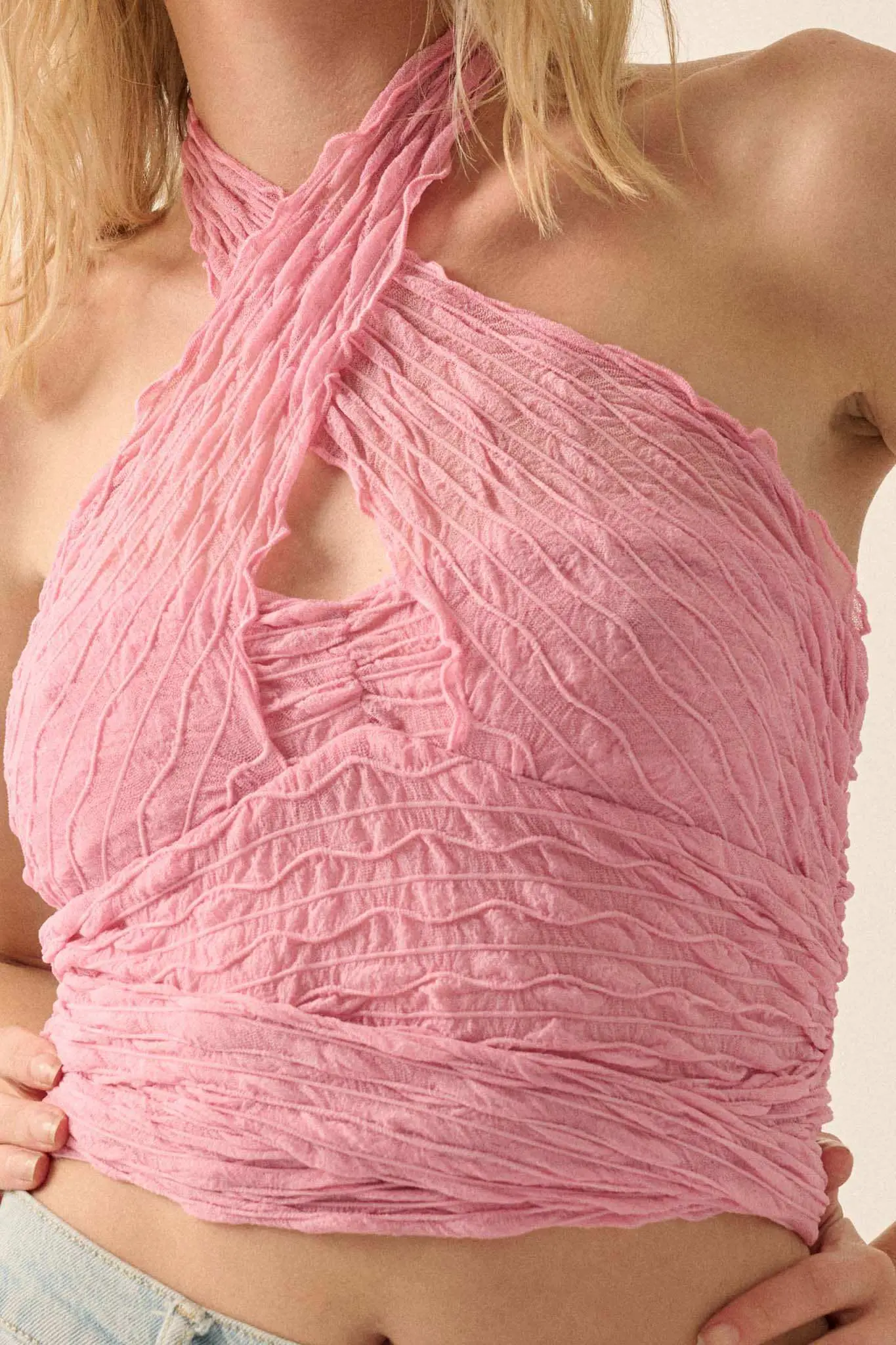 Shock Wave Ruched Mesh Cross-Front Wrap Halter Top - Image 4