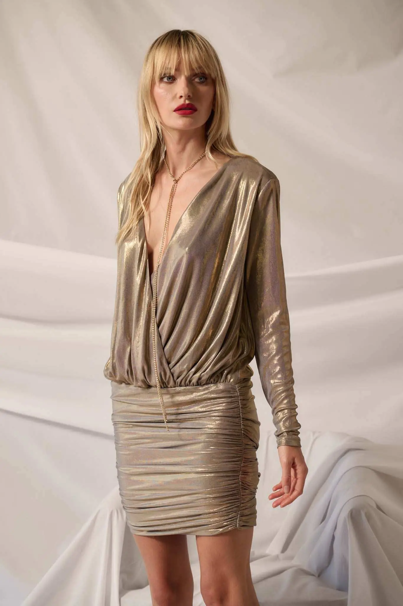 Showstopper Draped Metallic Deep V-Neck Mini Dress - Image 5