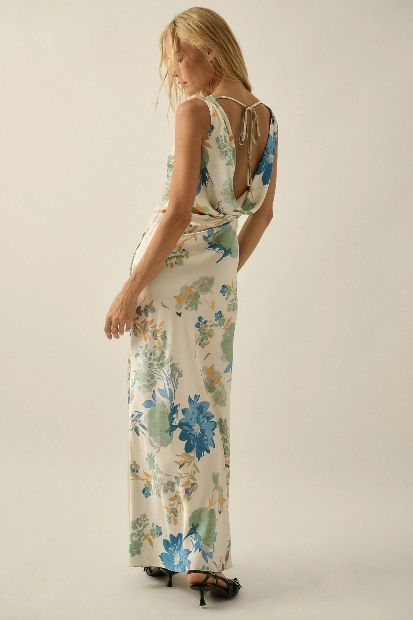 Silky Petals Floral Satin Cowl-Back Maxi Dress