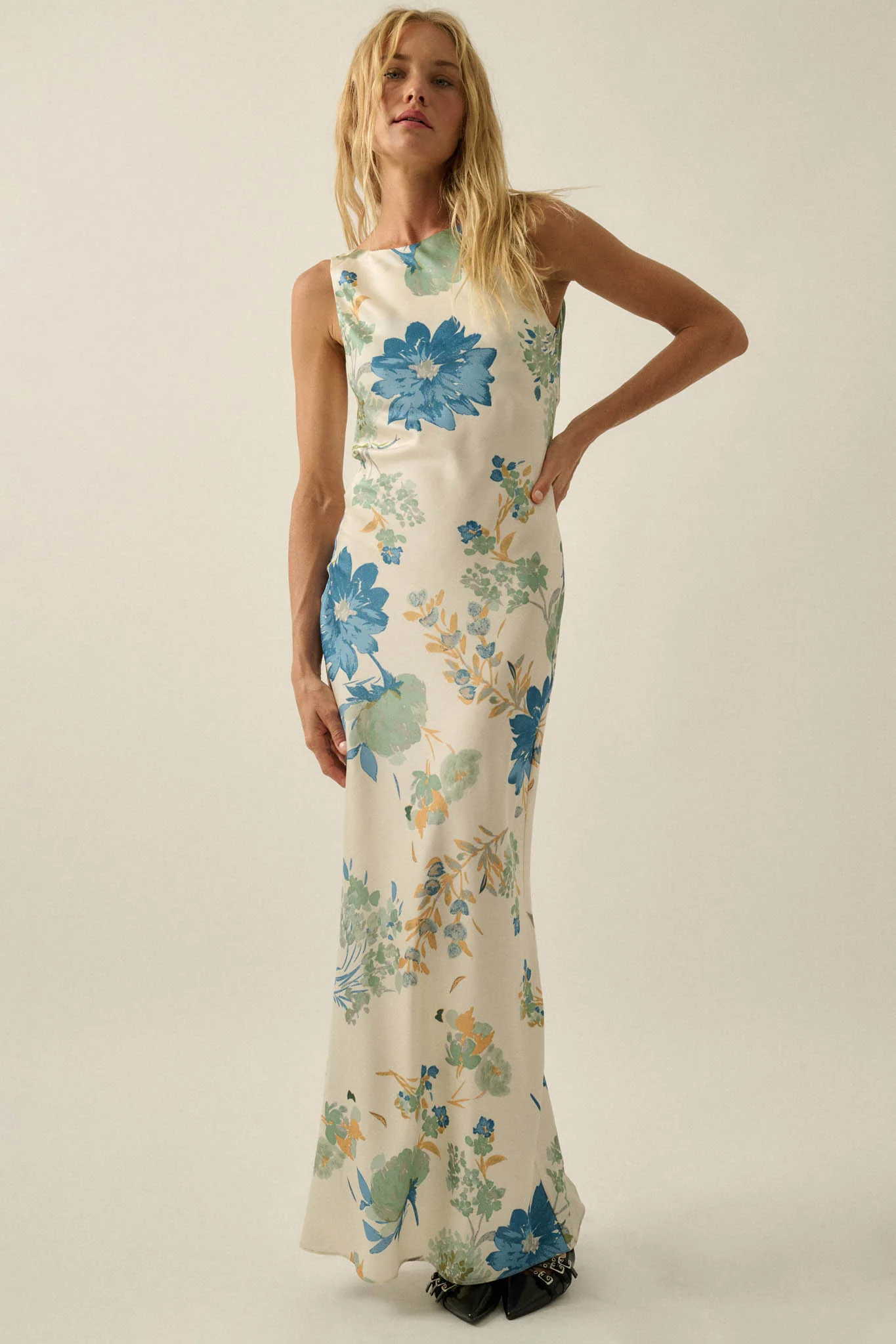 Silky Petals Floral Satin Cowl-Back Maxi Dress - Image 2