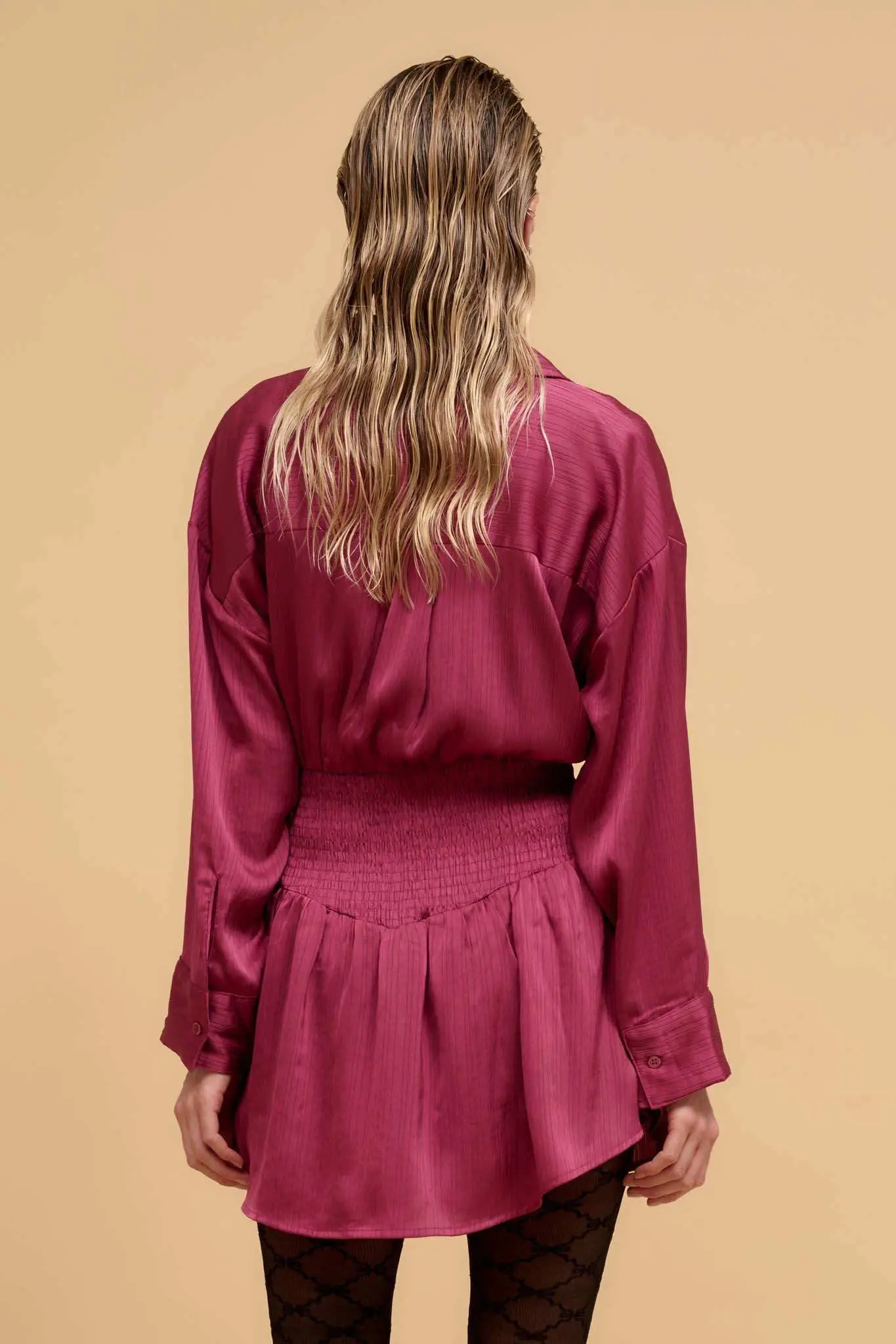 Silky Sensation Striped Satin Smocked Shirt Romper - Image 2