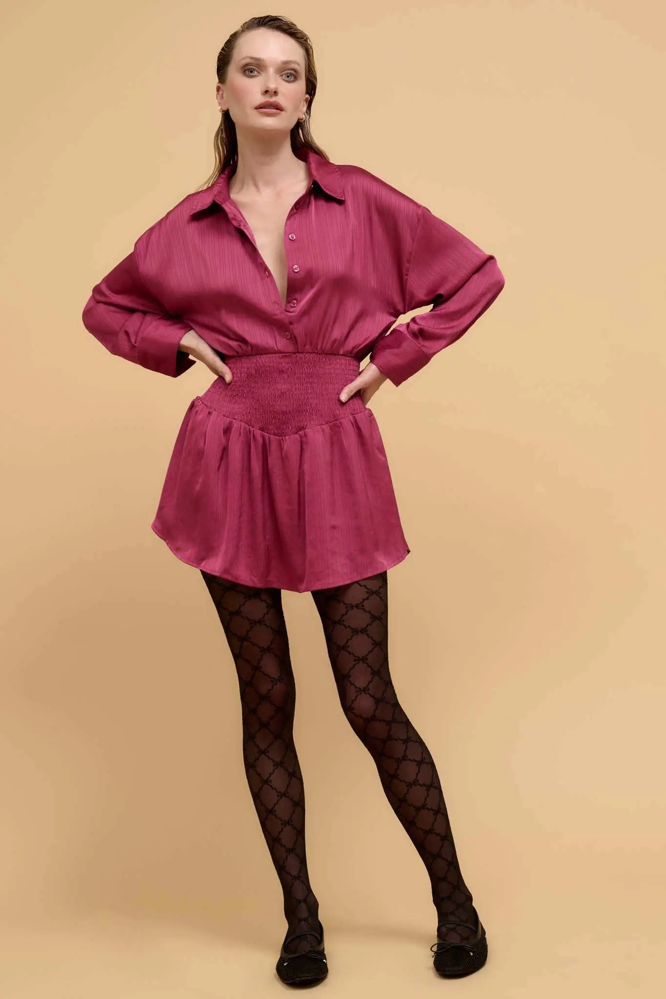 Silky Sensation Striped Satin Smocked Shirt Romper - Image 3