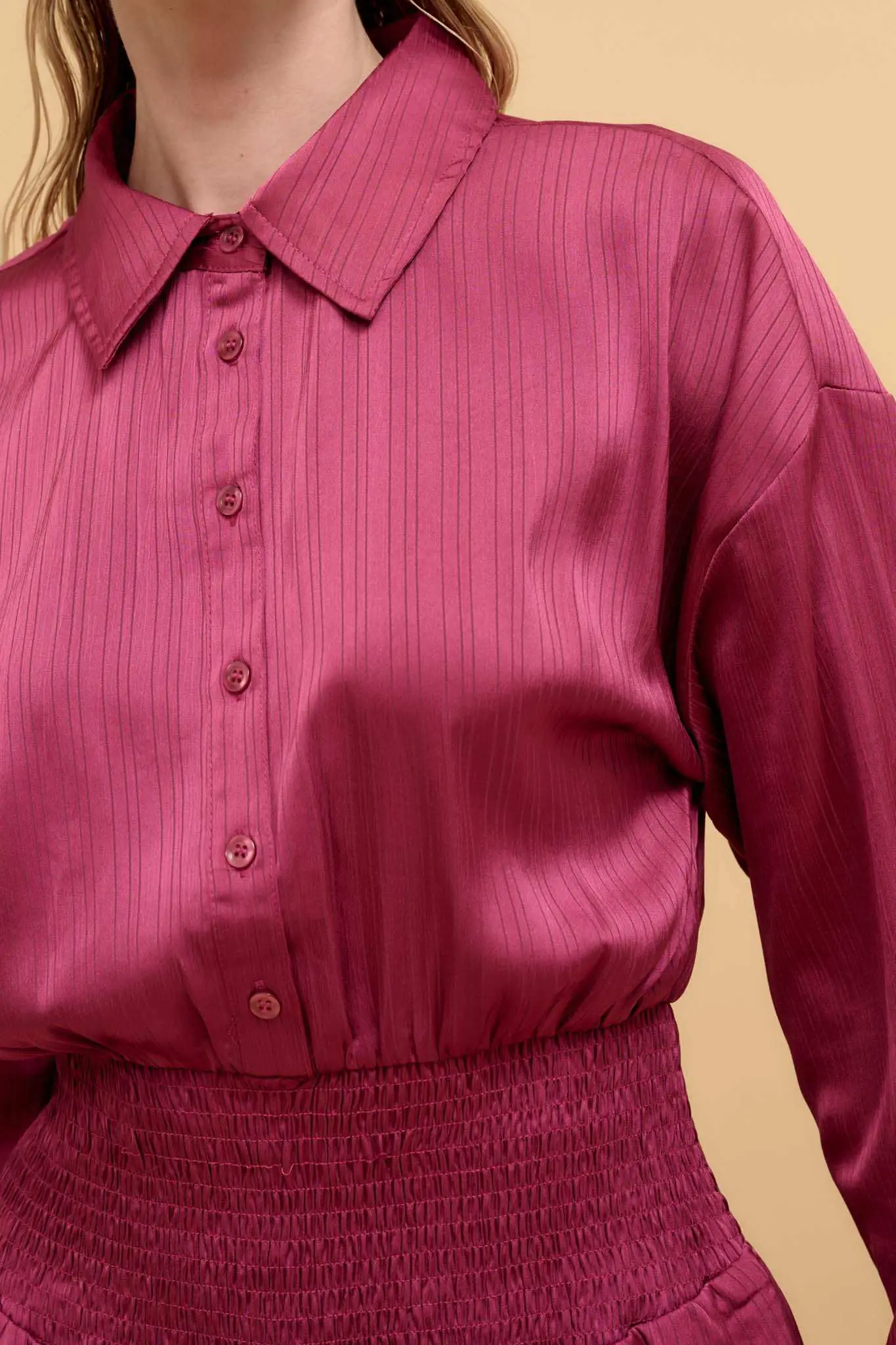 Silky Sensation Striped Satin Smocked Shirt Romper - Image 4