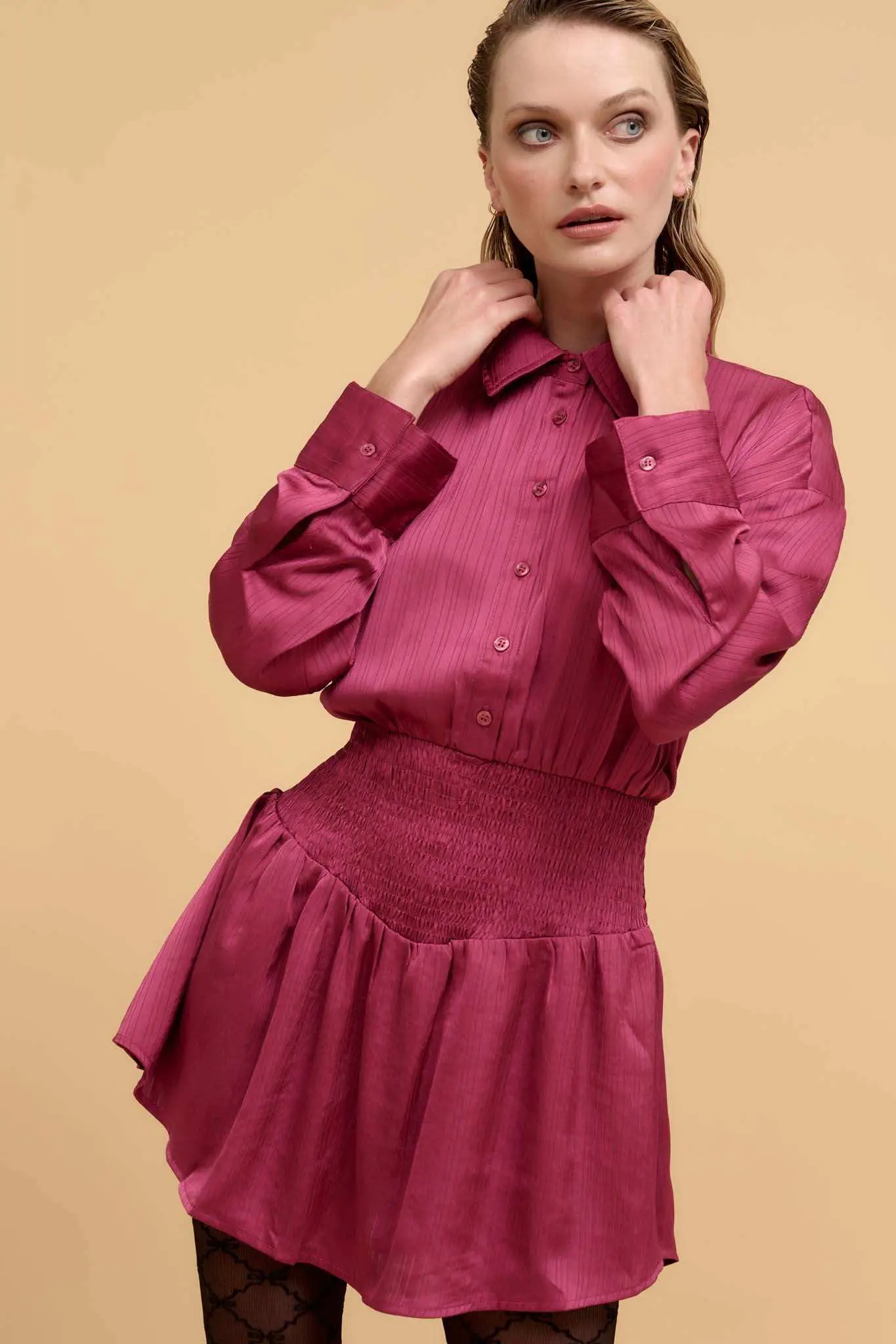 Silky Sensation Striped Satin Smocked Shirt Romper - Image 5