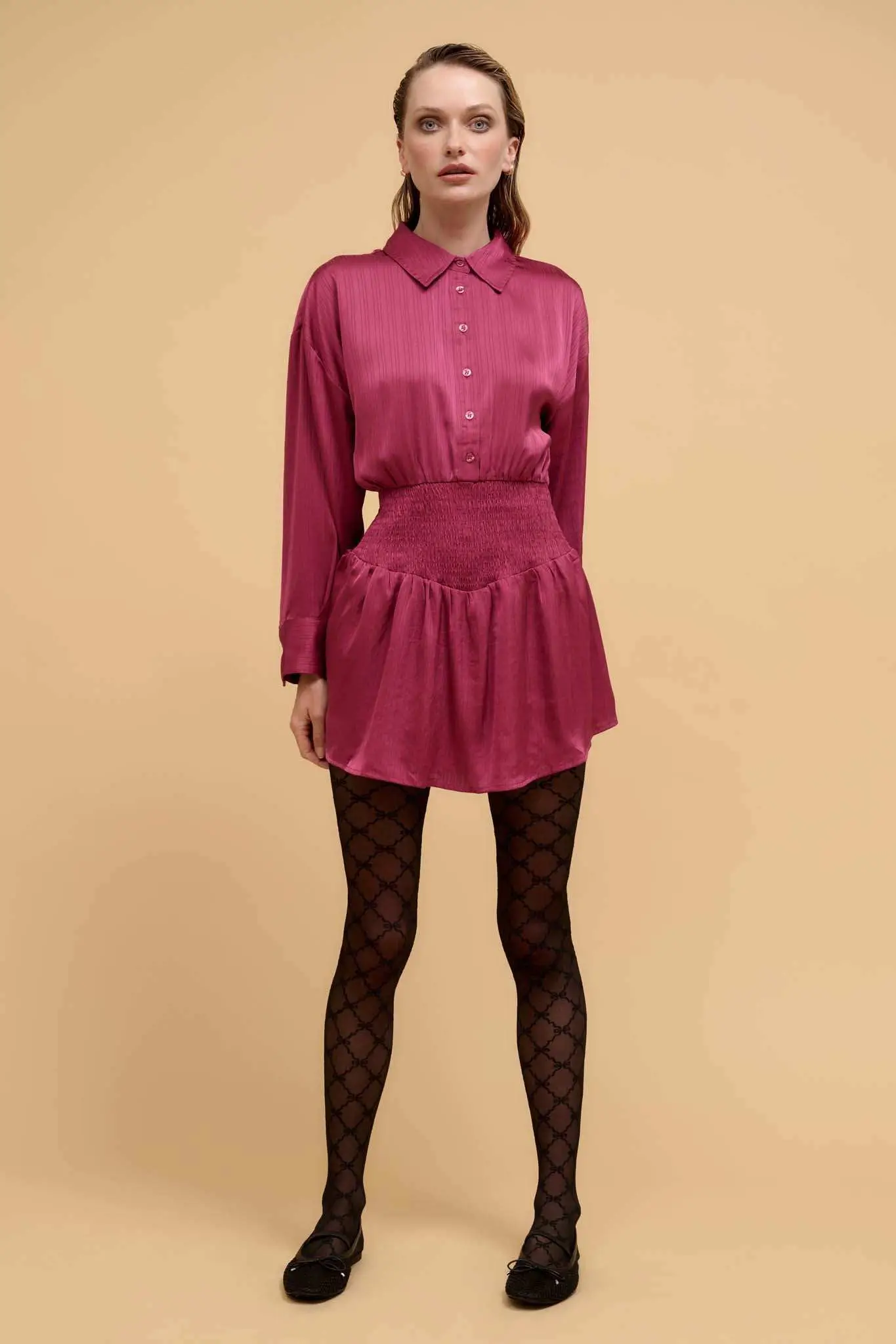Silky Sensation Striped Satin Smocked Shirt Romper - Image 7