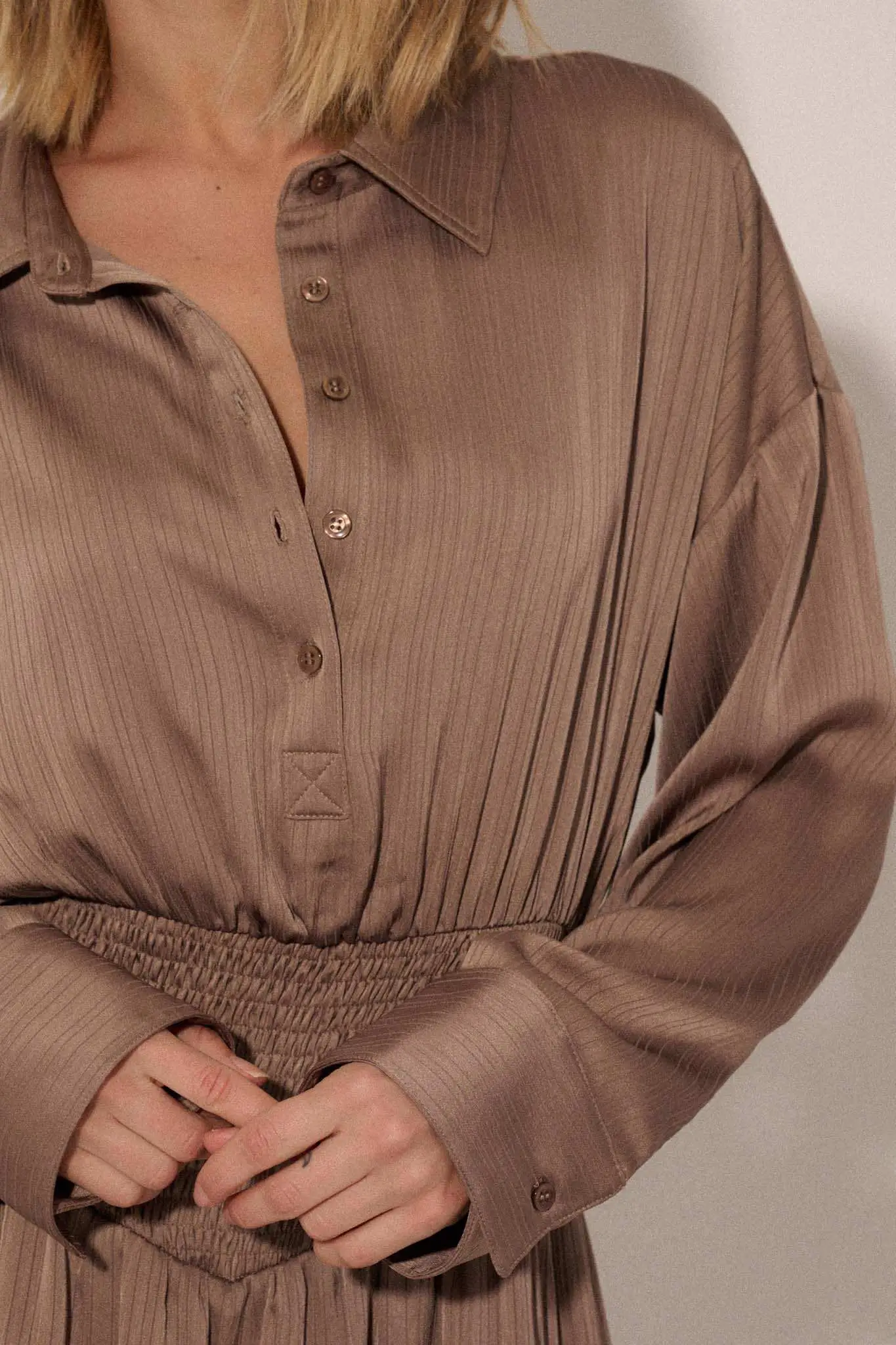 Silky Sensation Striped Satin Smocked Shirt Romper - Image 9
