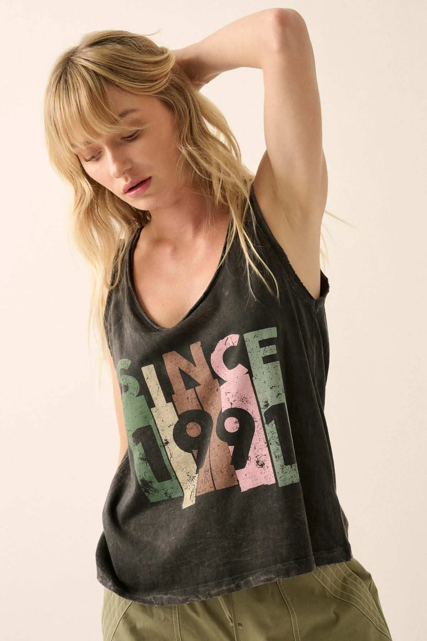 Since 1991 Vintage-Wash Raw-Edge Graphic Tank Top - Image 3