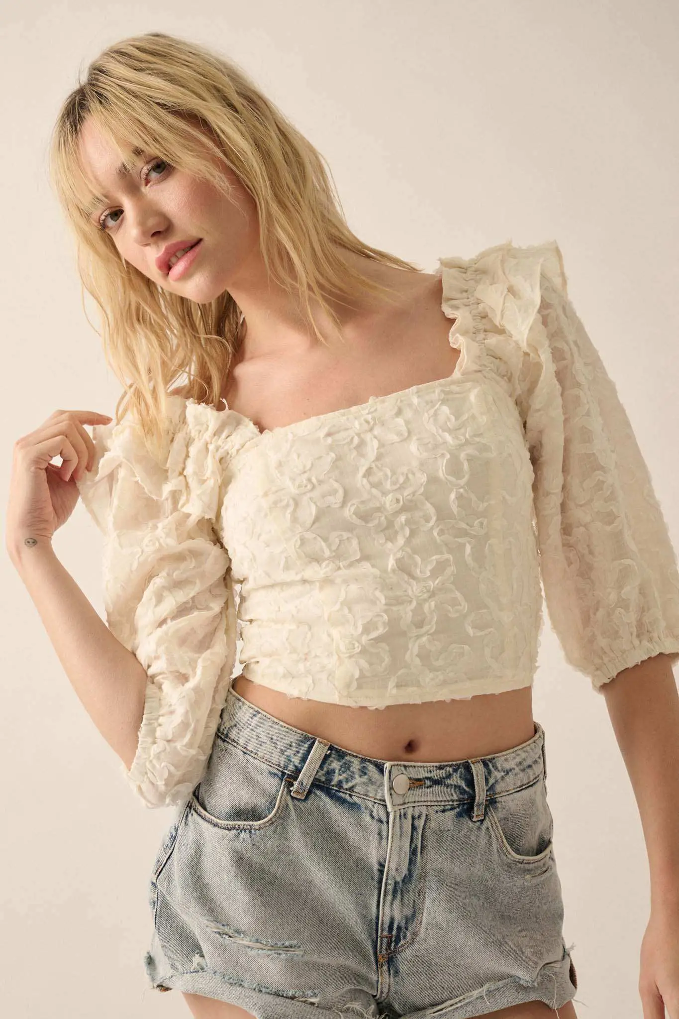 Sitting Pretty Floral Ribbon Lace Puff-Sleeve Top - Image 3