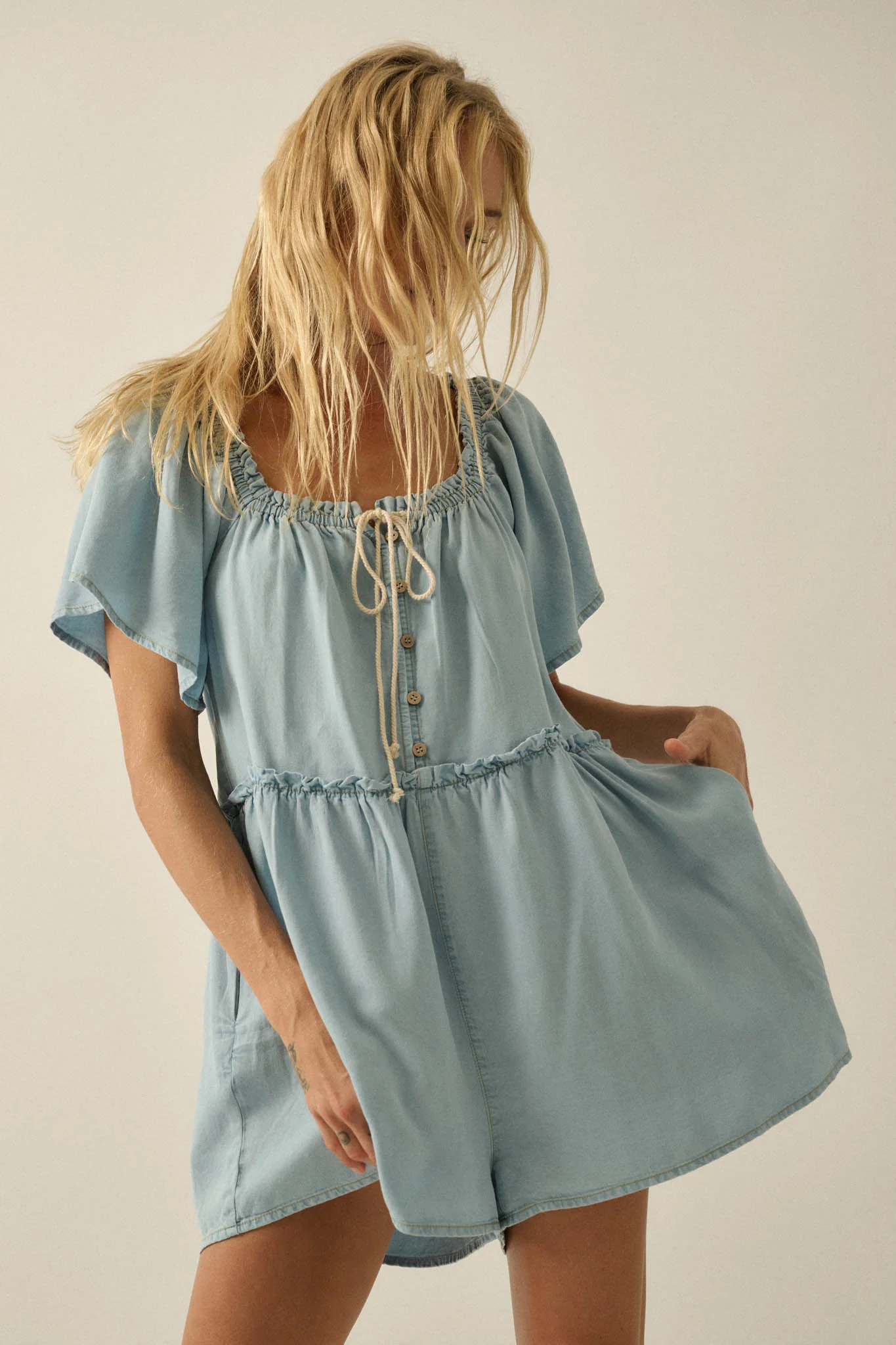Skies Above Denim Tie-Neck Flutter-Sleeve Romper