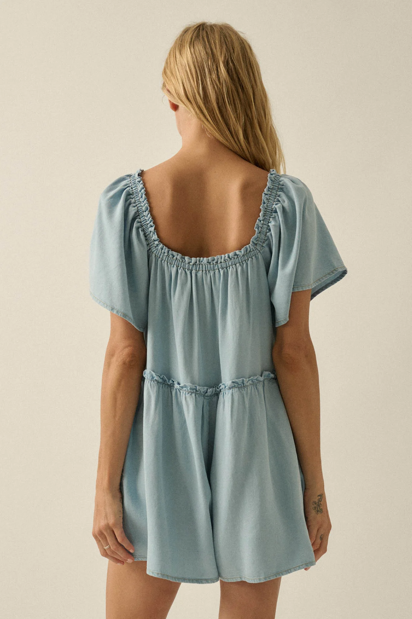 Skies Above Denim Tie-Neck Flutter-Sleeve Romper - Image 2