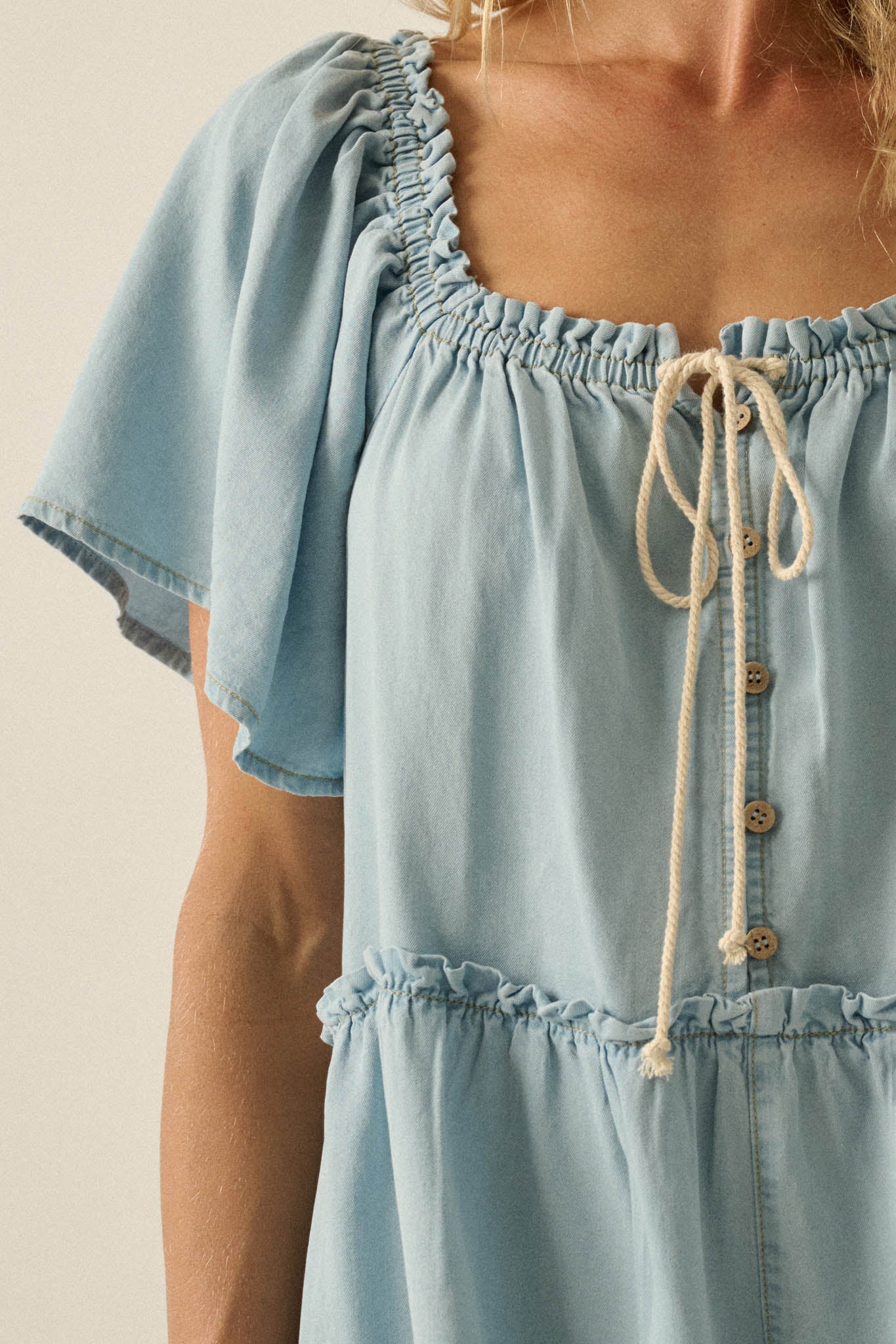 Skies Above Denim Tie-Neck Flutter-Sleeve Romper - Image 4