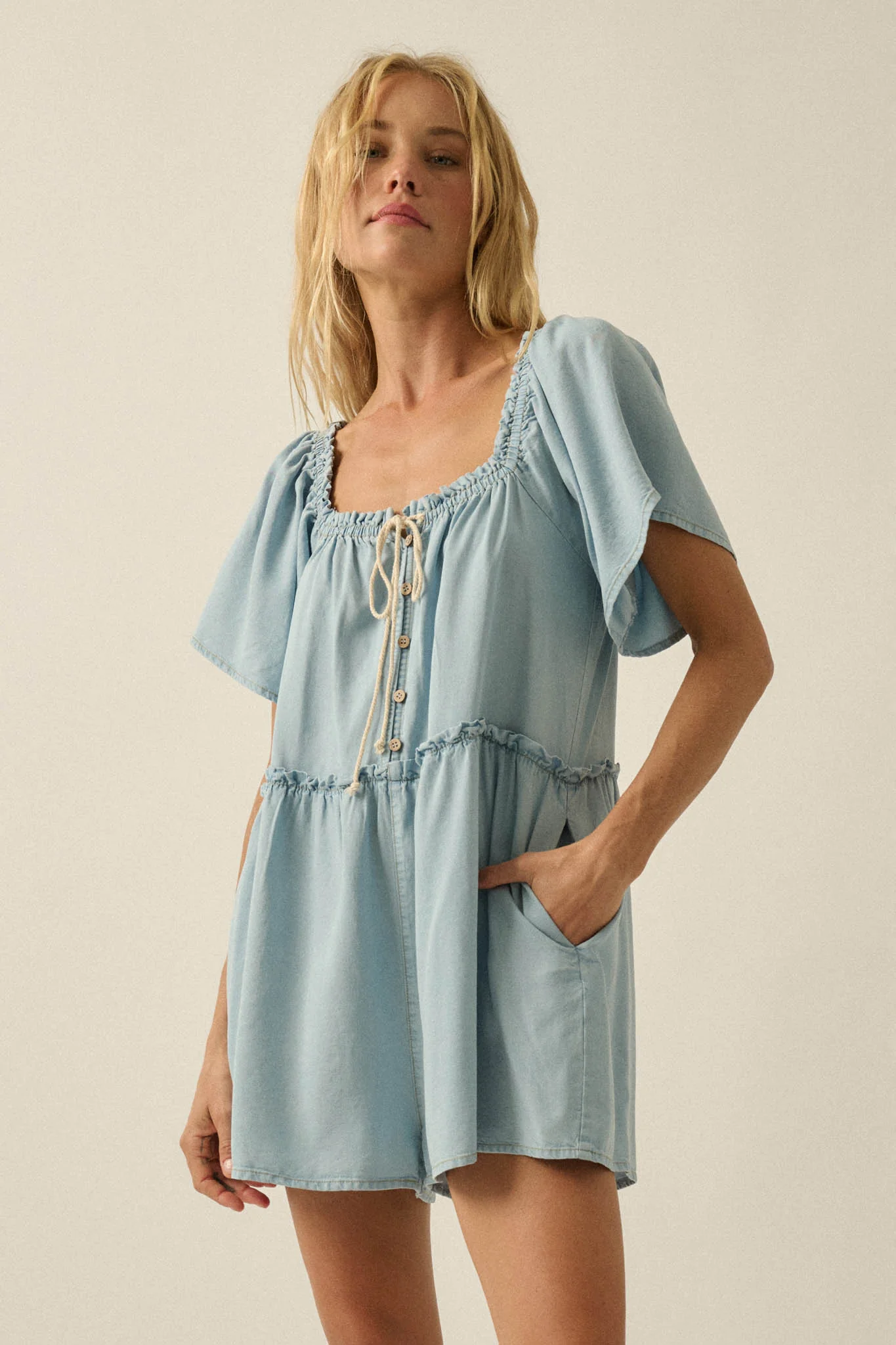 Skies Above Denim Tie-Neck Flutter-Sleeve Romper - Image 5