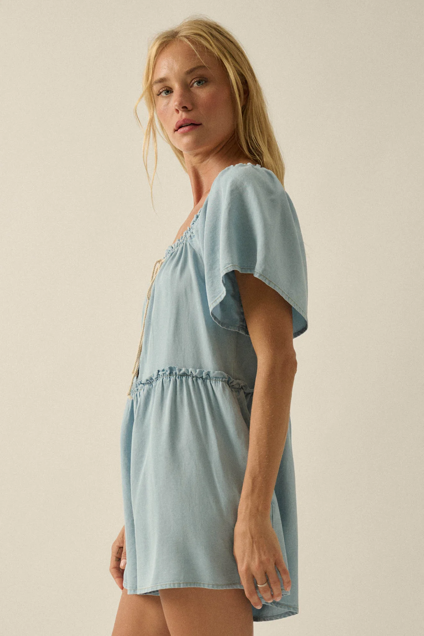 Skies Above Denim Tie-Neck Flutter-Sleeve Romper - Image 6