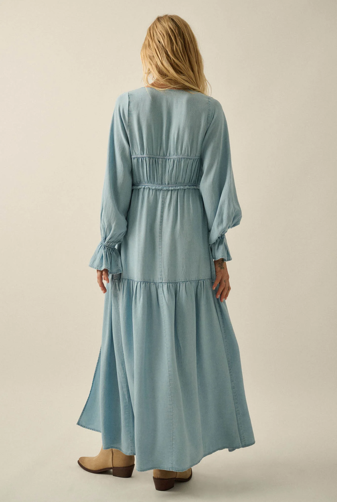 Sky Dancer Denim Tie-Front Poet-Sleeve Maxi Top - Image 9