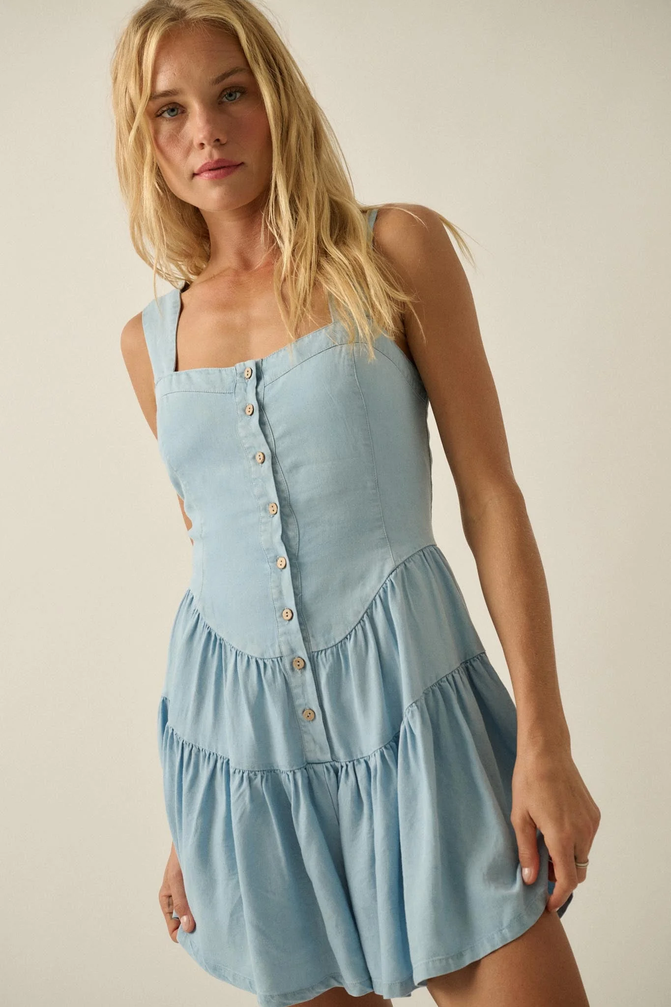 Sky High Denim Button-Front Tiered Ruffle Romper - Image 5