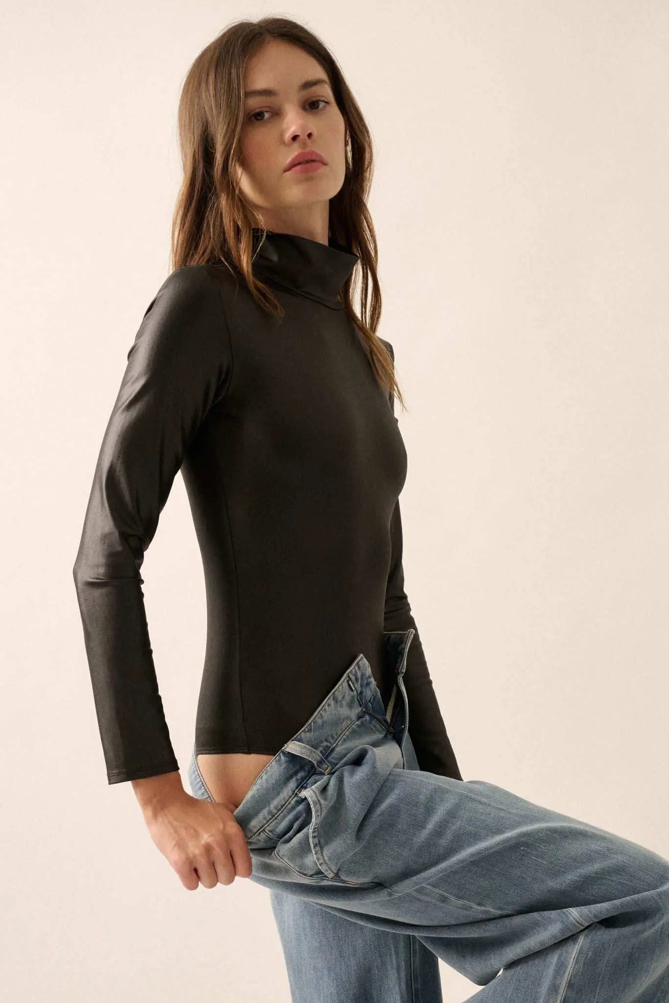Sleek Attack Liquid Leather Mock-Neck Bodysuit - Image 2