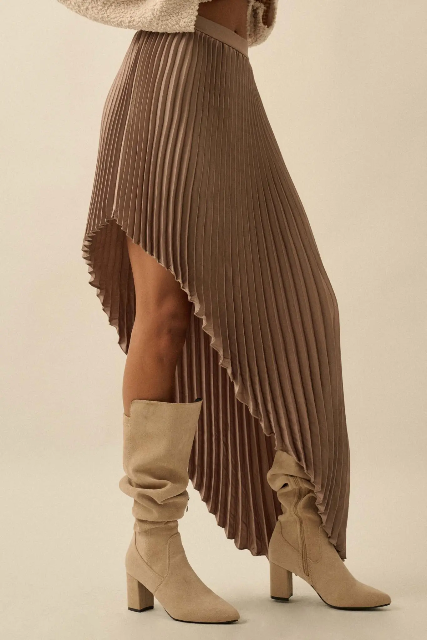 Sleek Pleats Asymmetrical Pleated Satin Skirt - Image 11