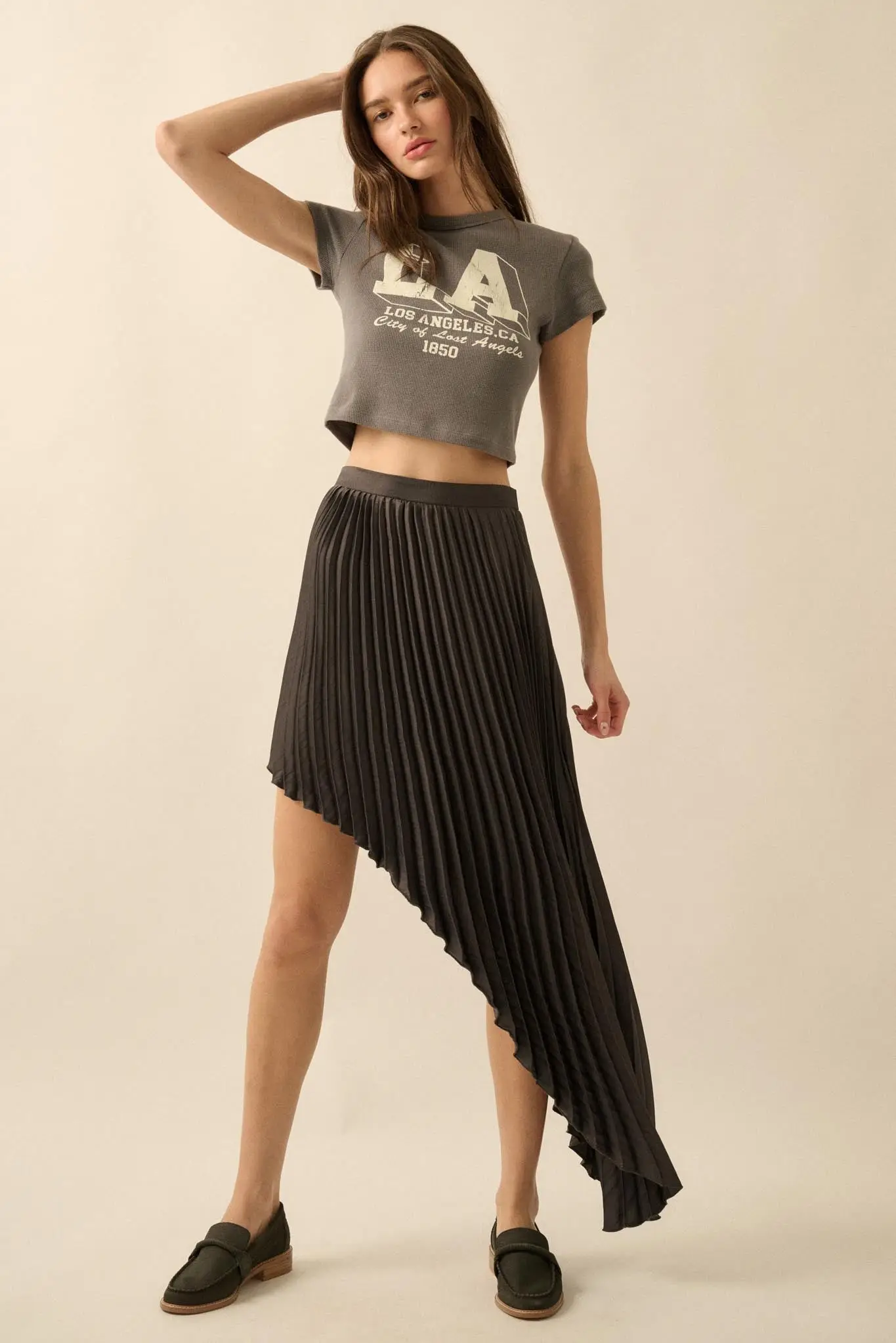 Sleek Pleats Asymmetrical Pleated Satin Skirt - Image 4