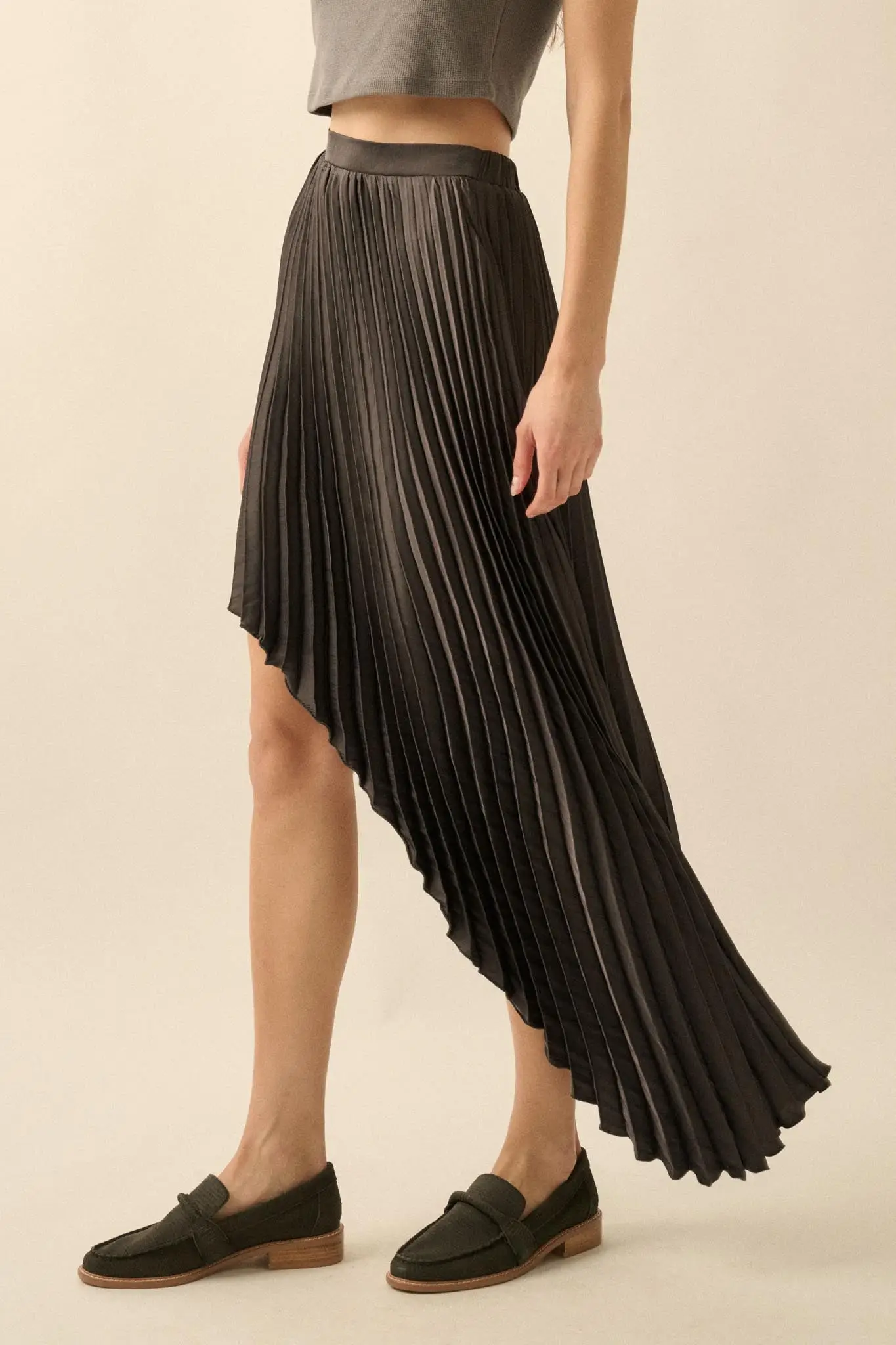 Sleek Pleats Asymmetrical Pleated Satin Skirt - Image 5