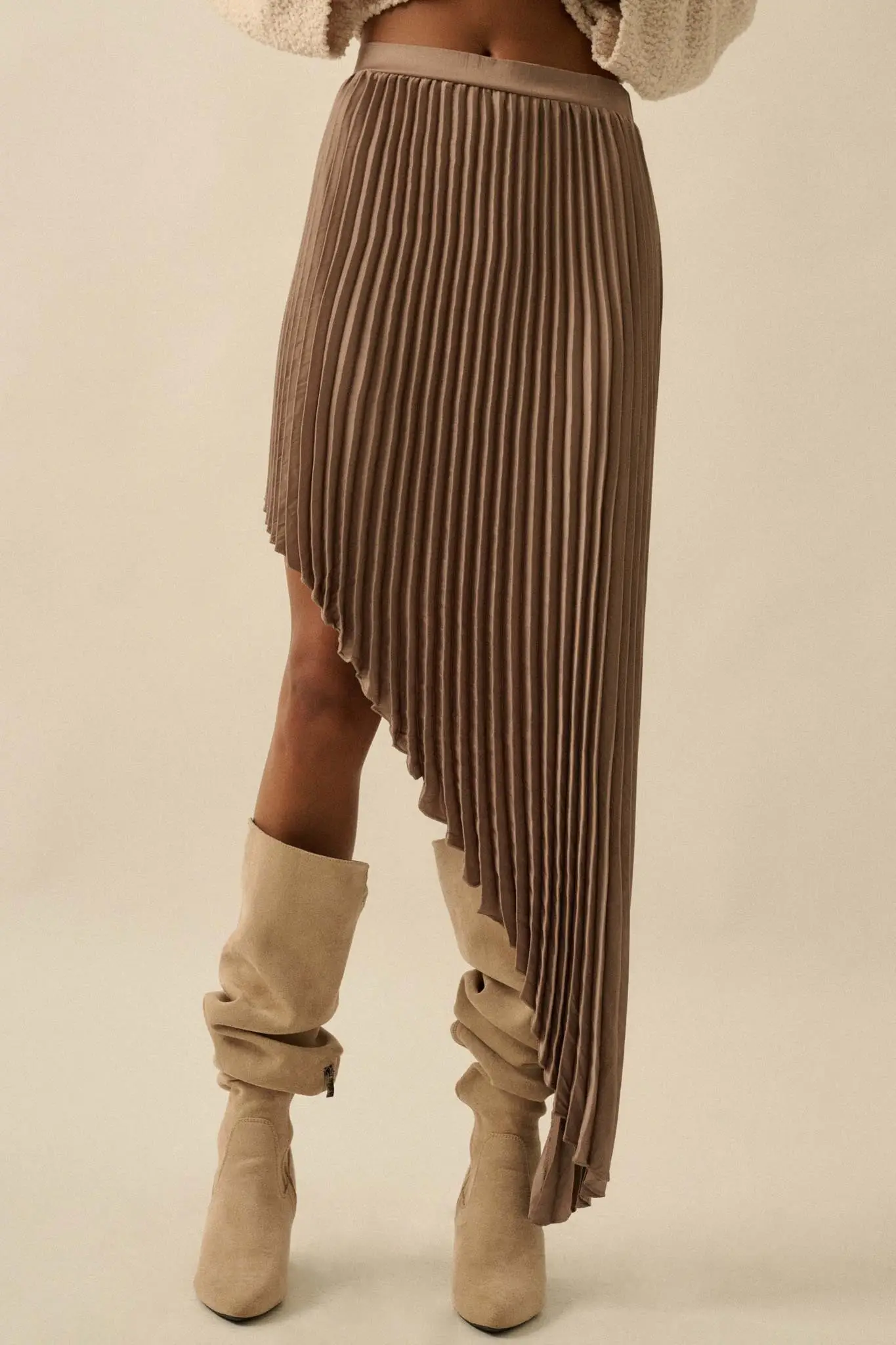 Sleek Pleats Asymmetrical Pleated Satin Skirt - Image 7