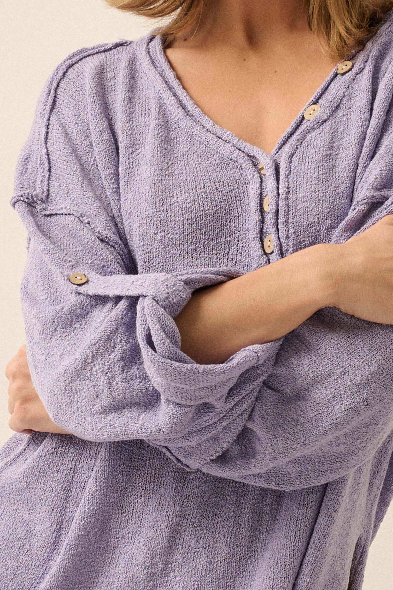 Slow Your Roll Exposed-Seam Roll-Up Henley Sweater - Image 15