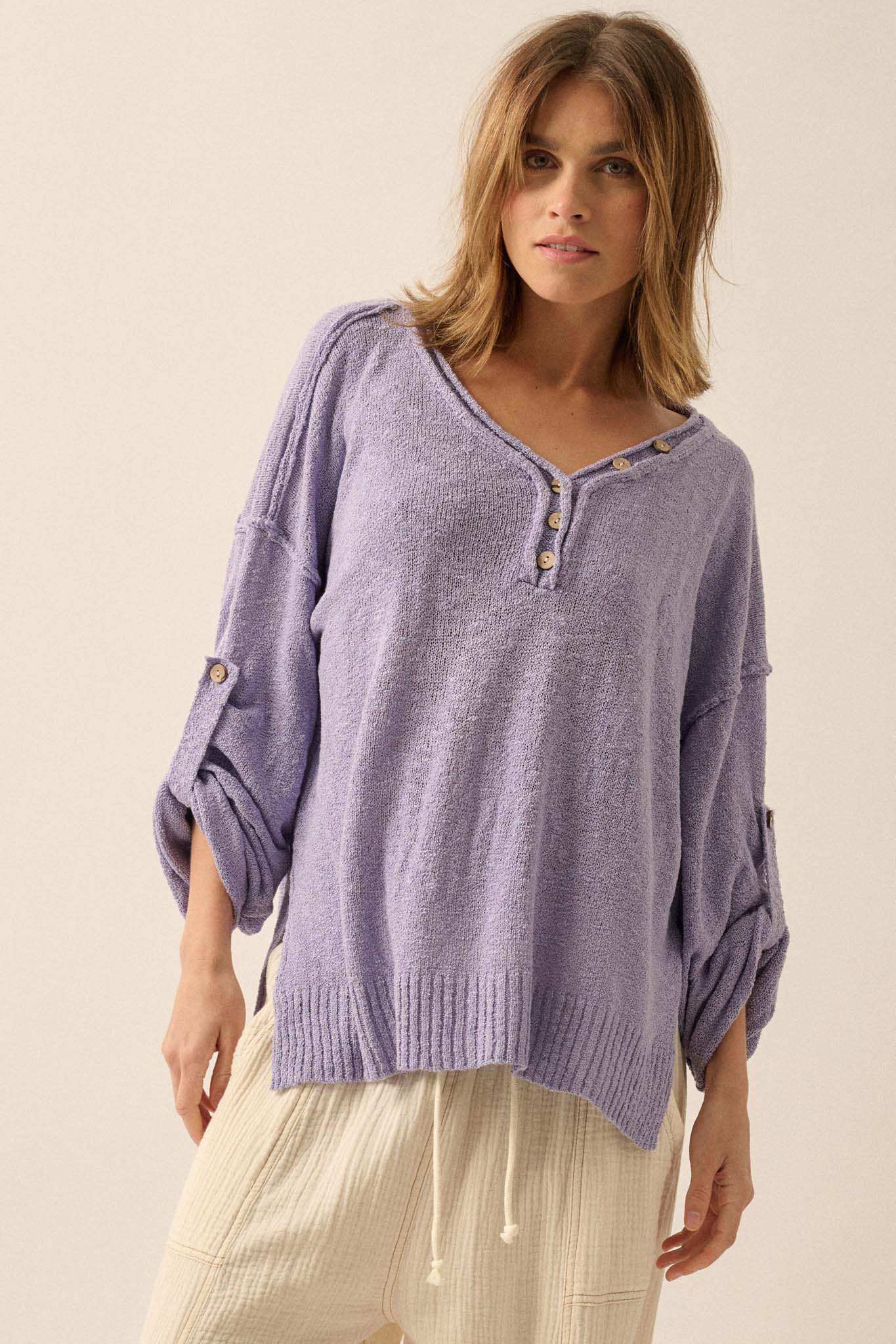 Slow Your Roll Exposed-Seam Roll-Up Henley Sweater - Image 16