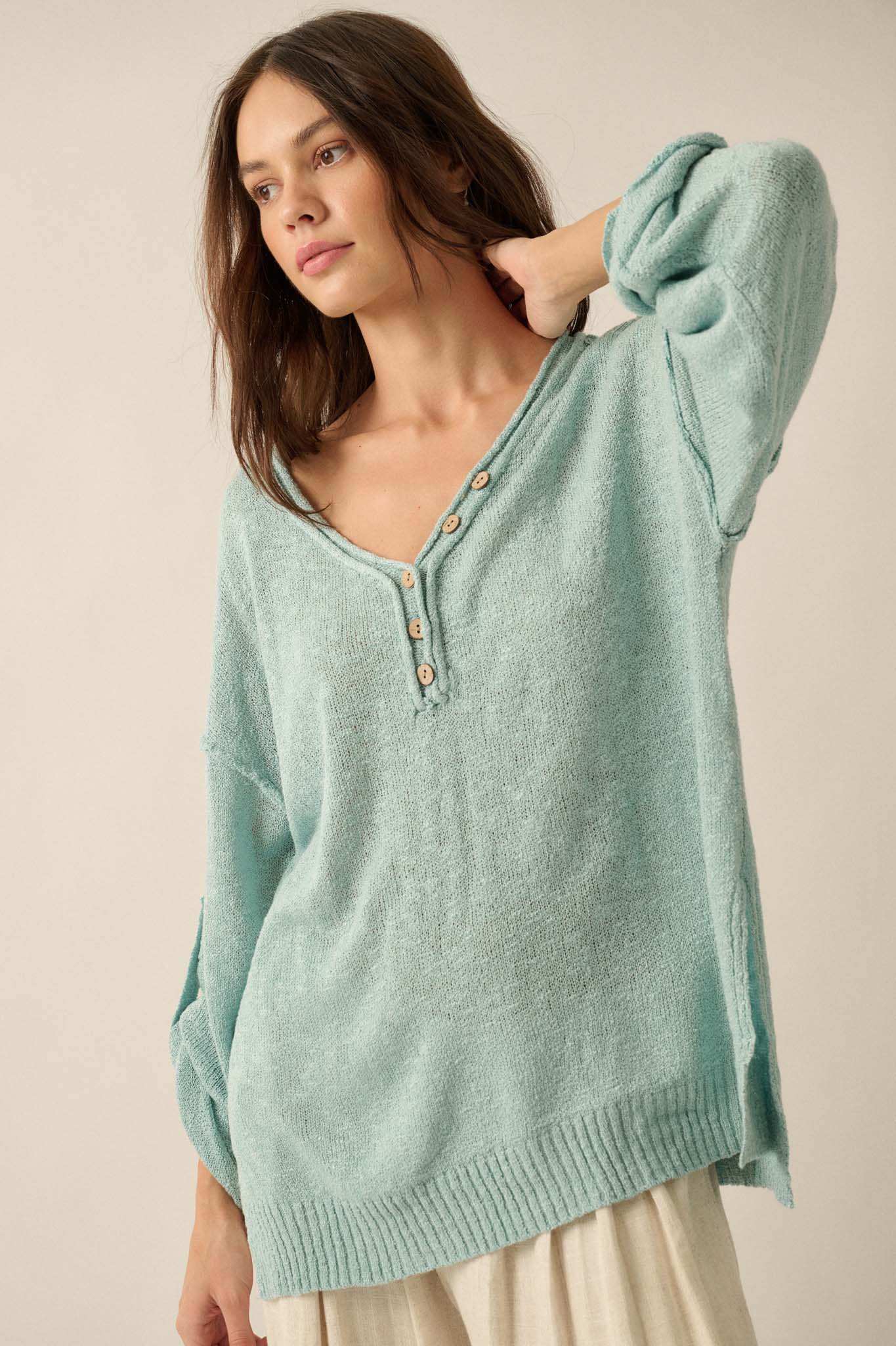 Slow Your Roll Exposed-Seam Roll-Up Henley Sweater - Image 4